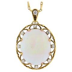 Vintage 14k Gold Oval Cabochon Opal Single Cut Diamond Open Pendant 15.5" Chain