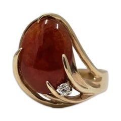 Vintage 14K Gold Oval Carnelian & Diamond Statement Ring