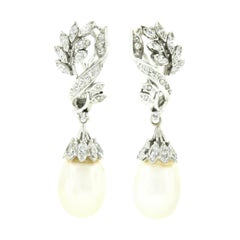 Vintage 14k Gold Oval White Pearl & Marquise Diamond Floral Drop Dangle Earrings