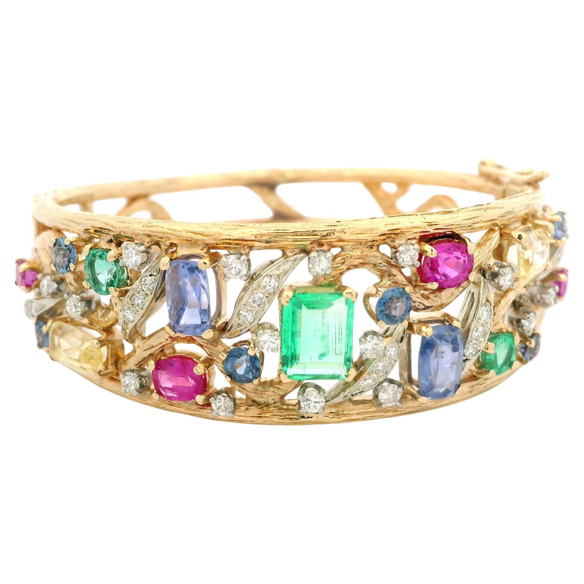 Vintage 14k Gold Pastel Color Sapphires Emerald & Diamond Open Hinged Bracelet