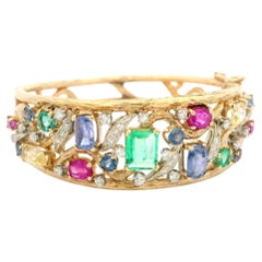 Vintage 14k Gold Pastel Color Sapphires Emerald & Diamond Open Hinged Bracelet