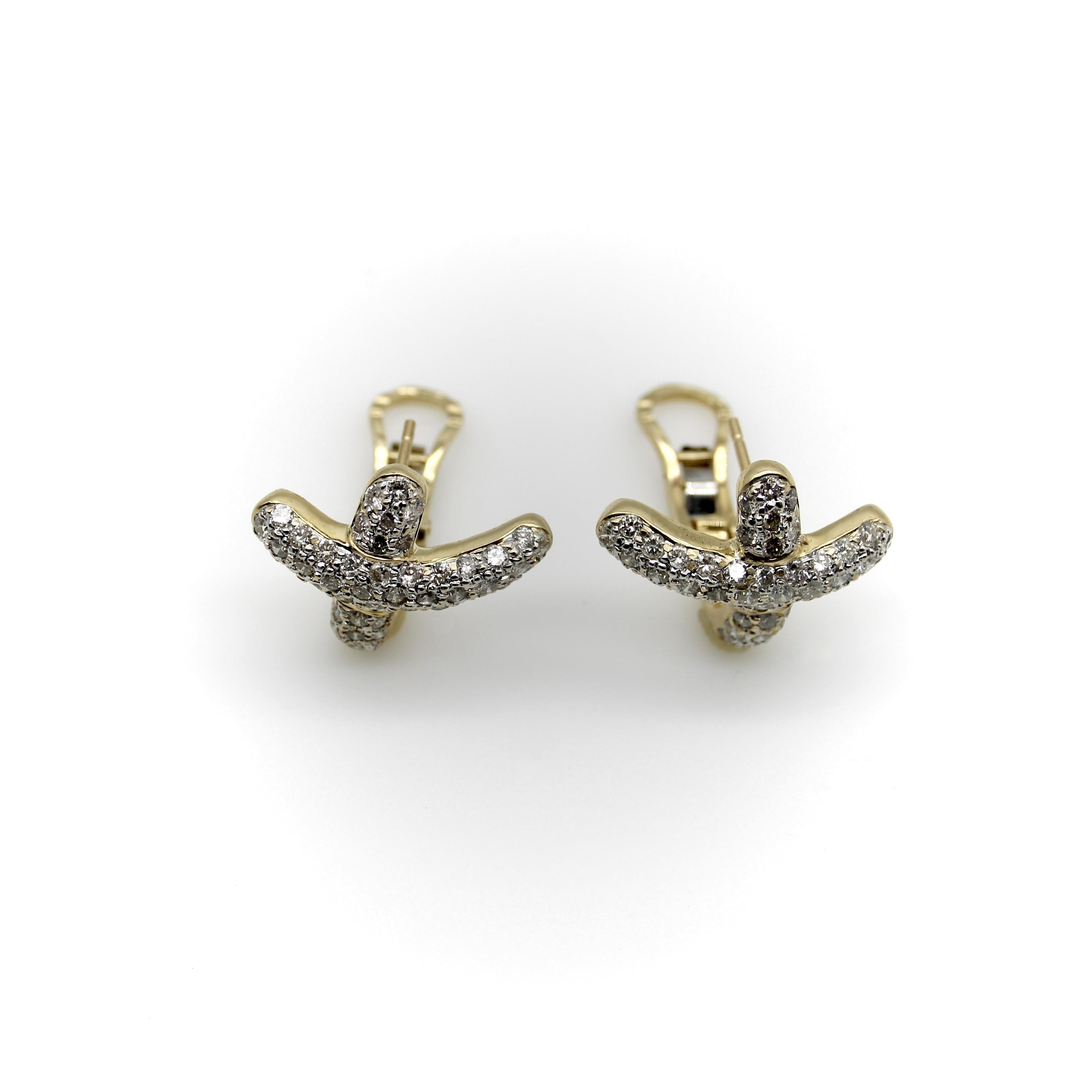 Modern Vintage 14K Gold Pave Diamond Cross Earrings with 1 carat + Diamonds For Sale