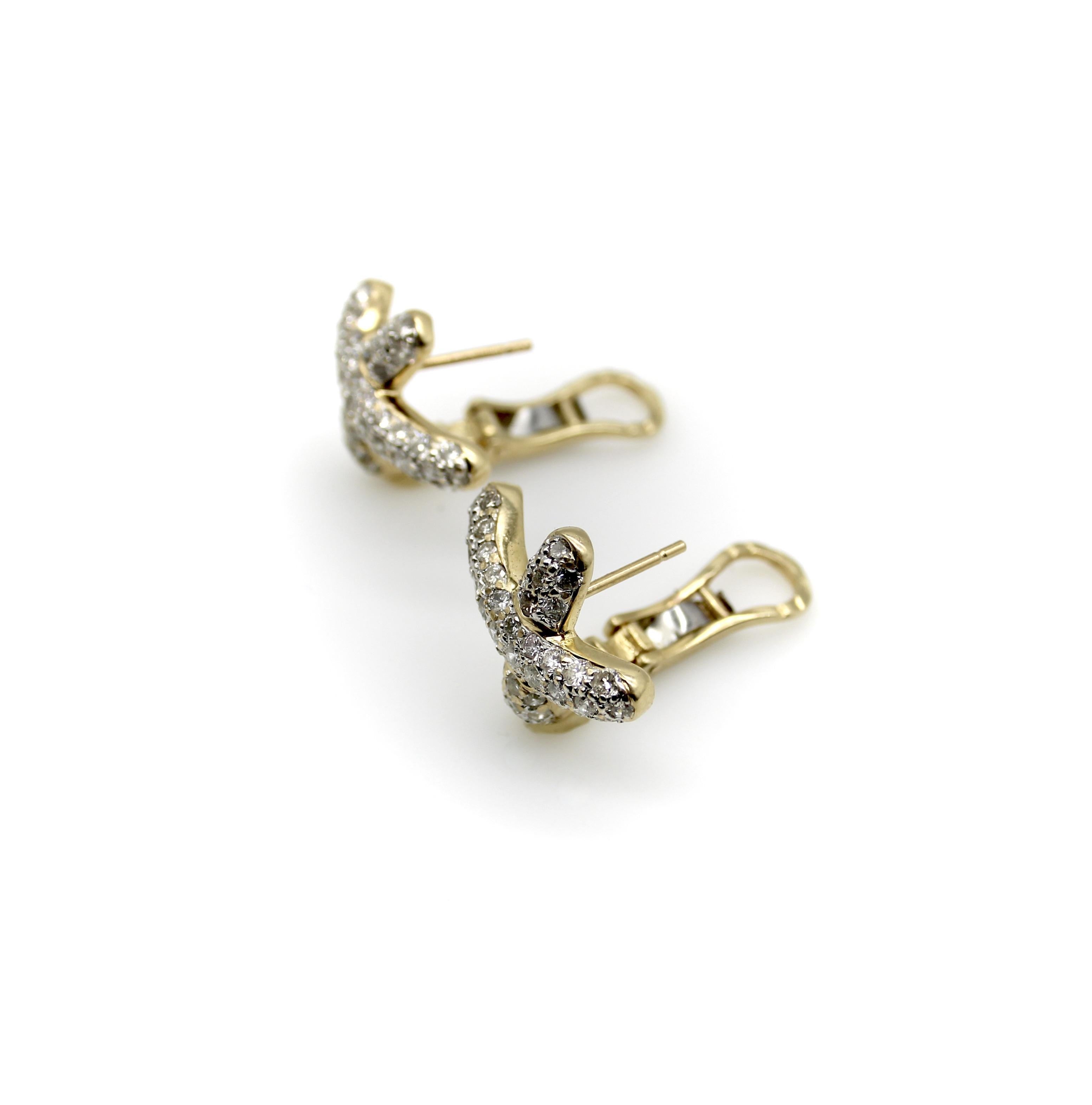Round Cut Vintage 14K Gold Pave Diamond Cross Earrings with 1 carat + Diamonds For Sale