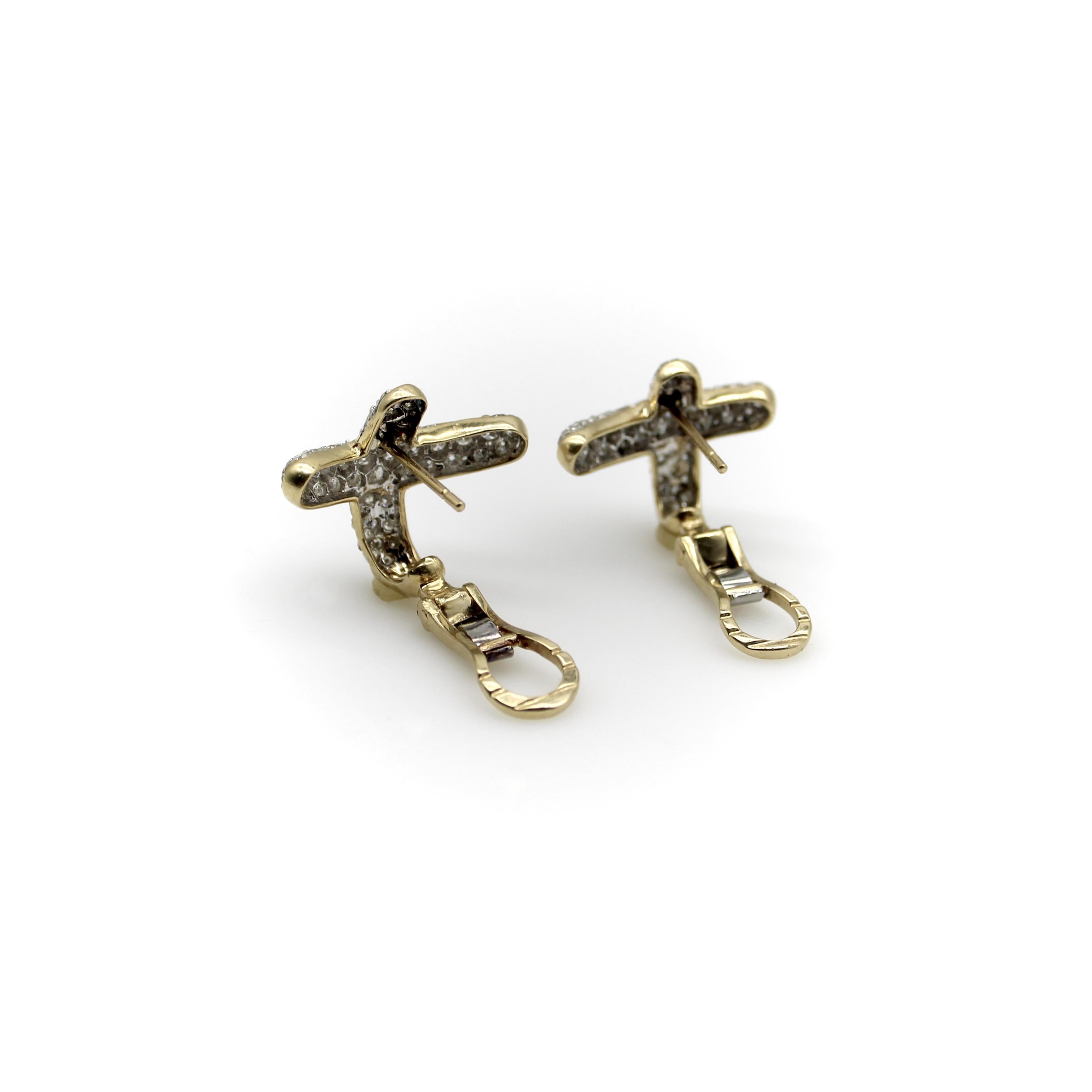 Vintage 14K Gold Pave Diamond Cross Earrings with 1 carat + Diamonds In Good Condition For Sale In Venice, CA