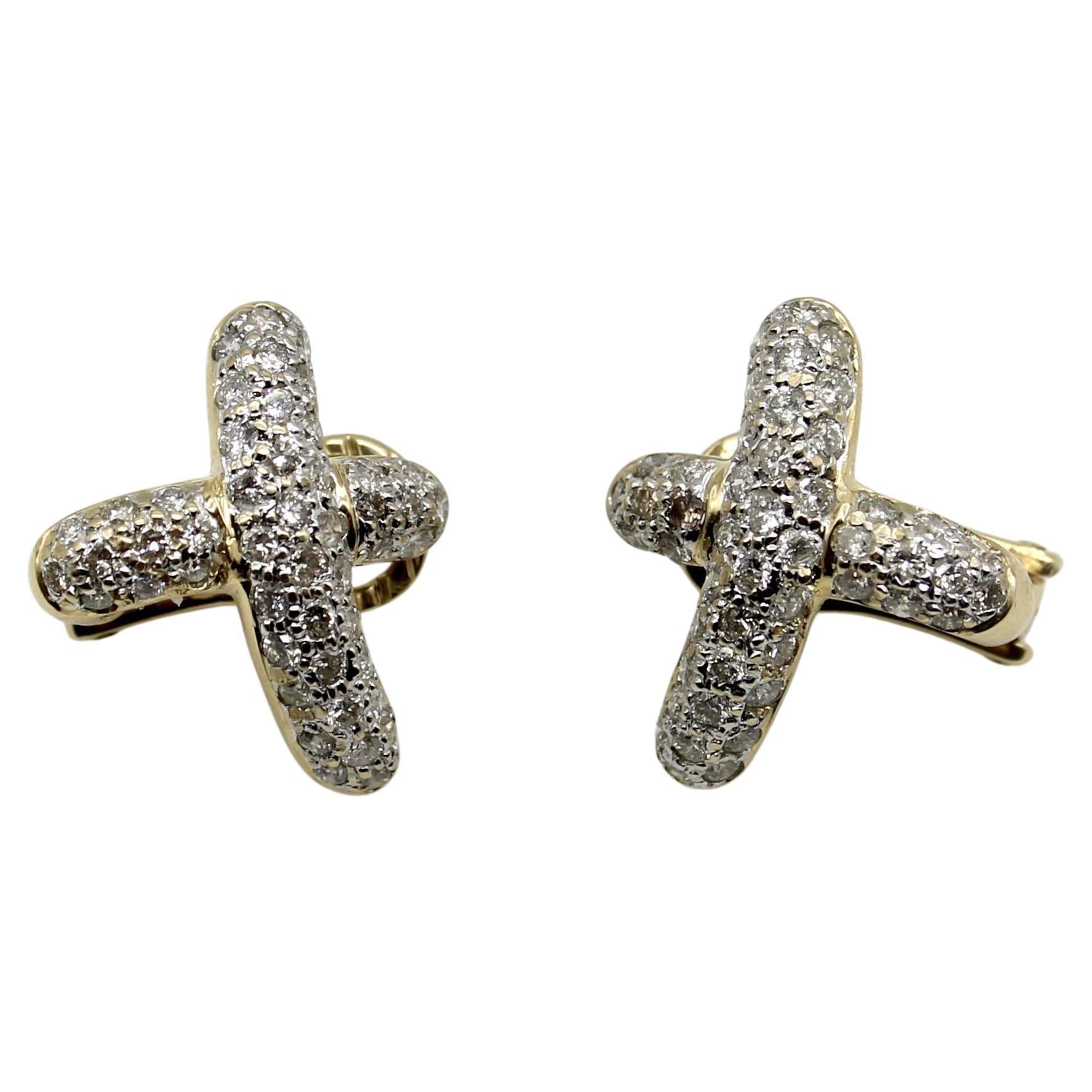Vintage 14K Gold Pave Diamond Cross Earrings with 1 carat + Diamonds For Sale