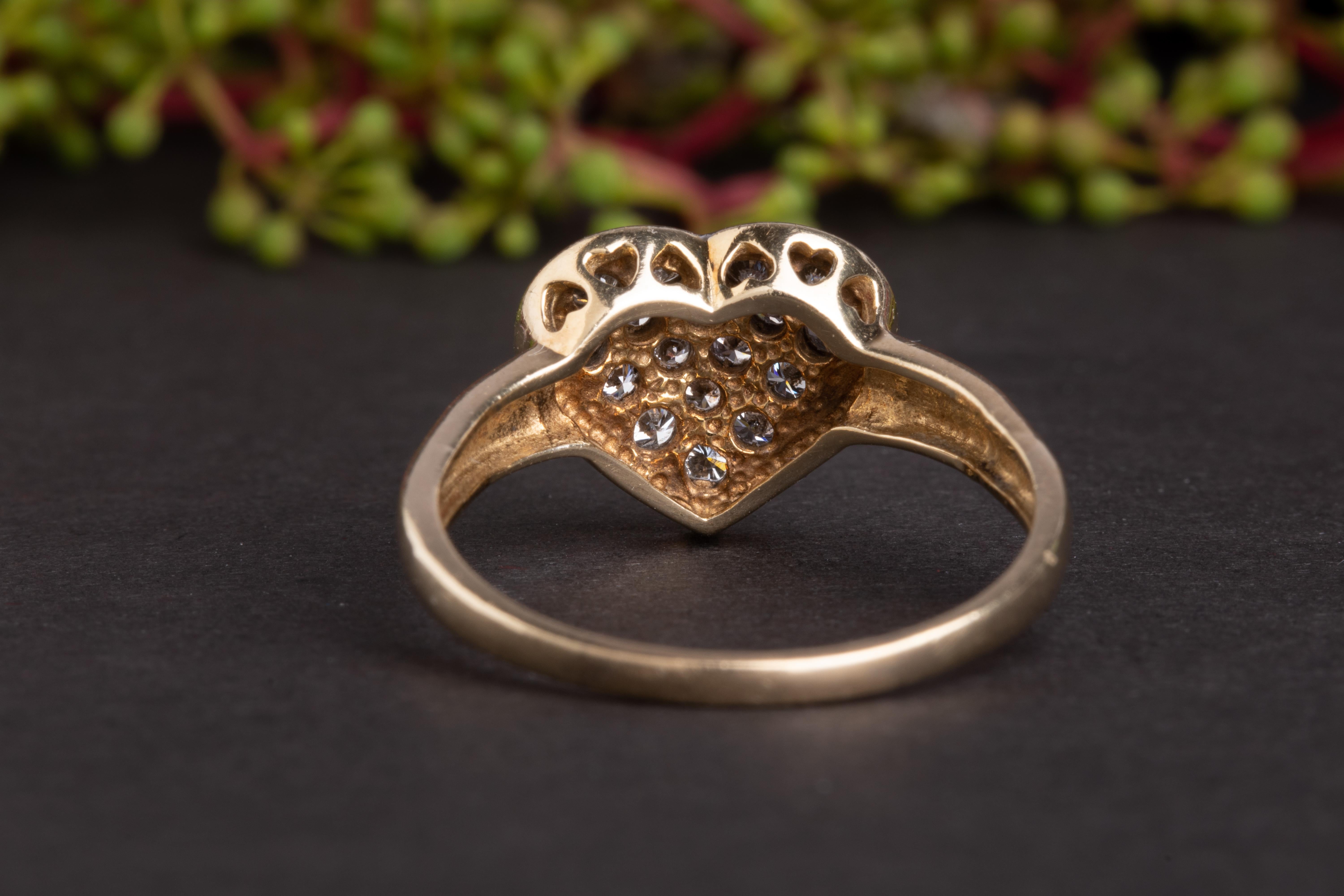 Brilliant Cut Vintage 14K Gold Pave Diamond Heart Ring