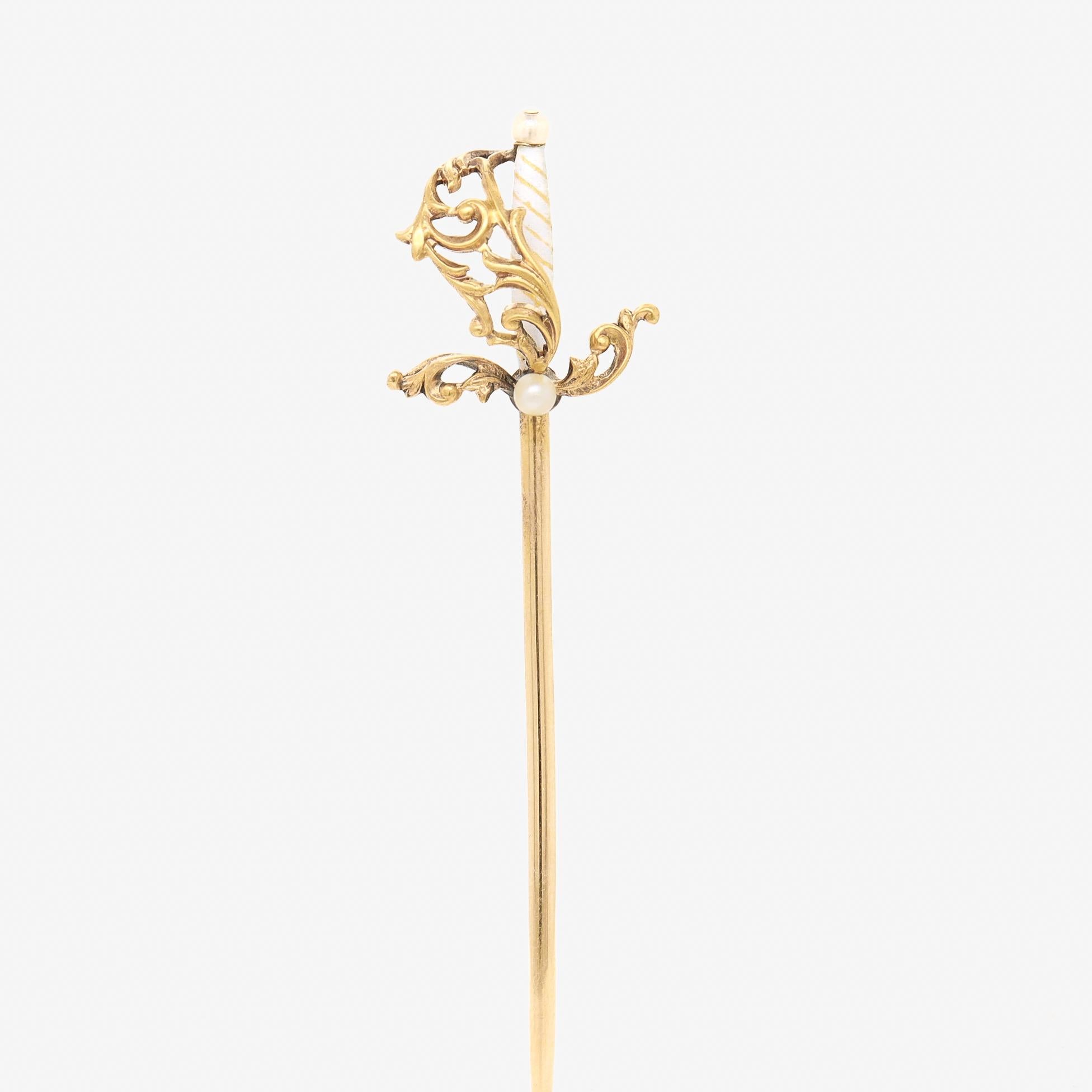 Retro Vintage 14K Gold, Pearl, & Enamel Figural Rapier or Dueling Sword Stickpin For Sale