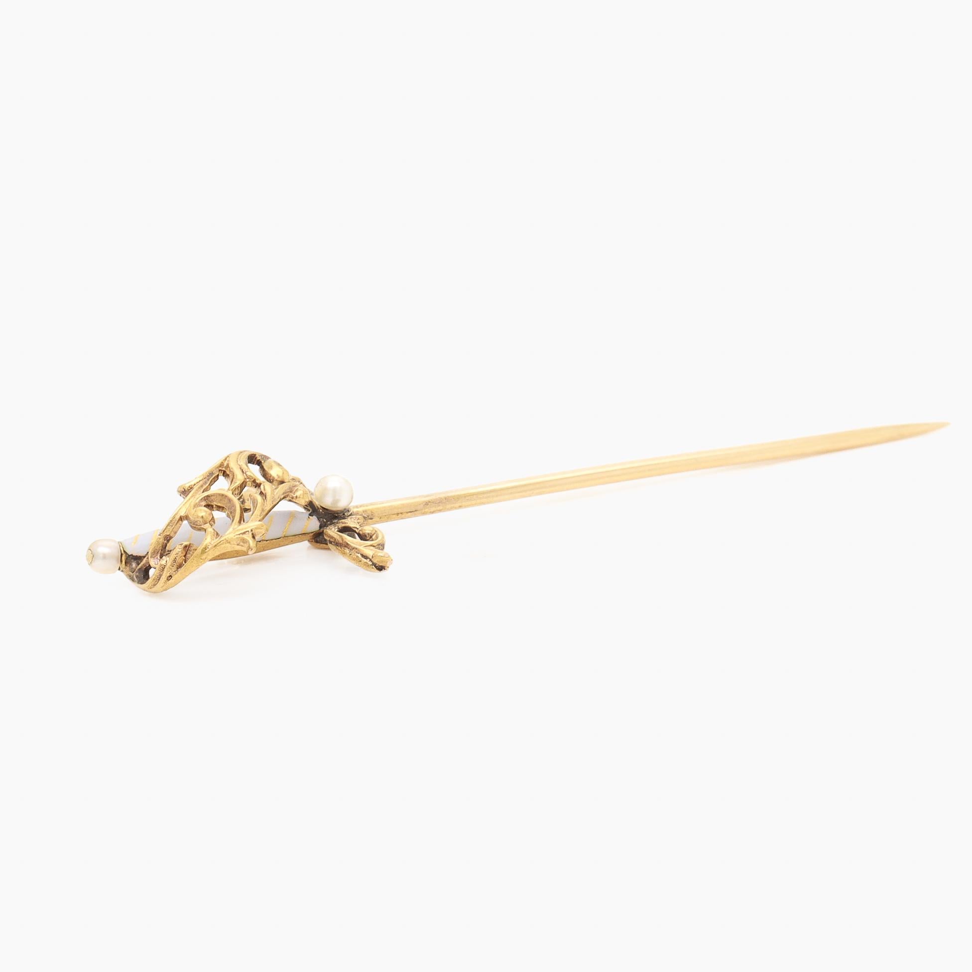 Round Cut Vintage 14K Gold, Pearl, & Enamel Figural Rapier or Dueling Sword Stickpin For Sale