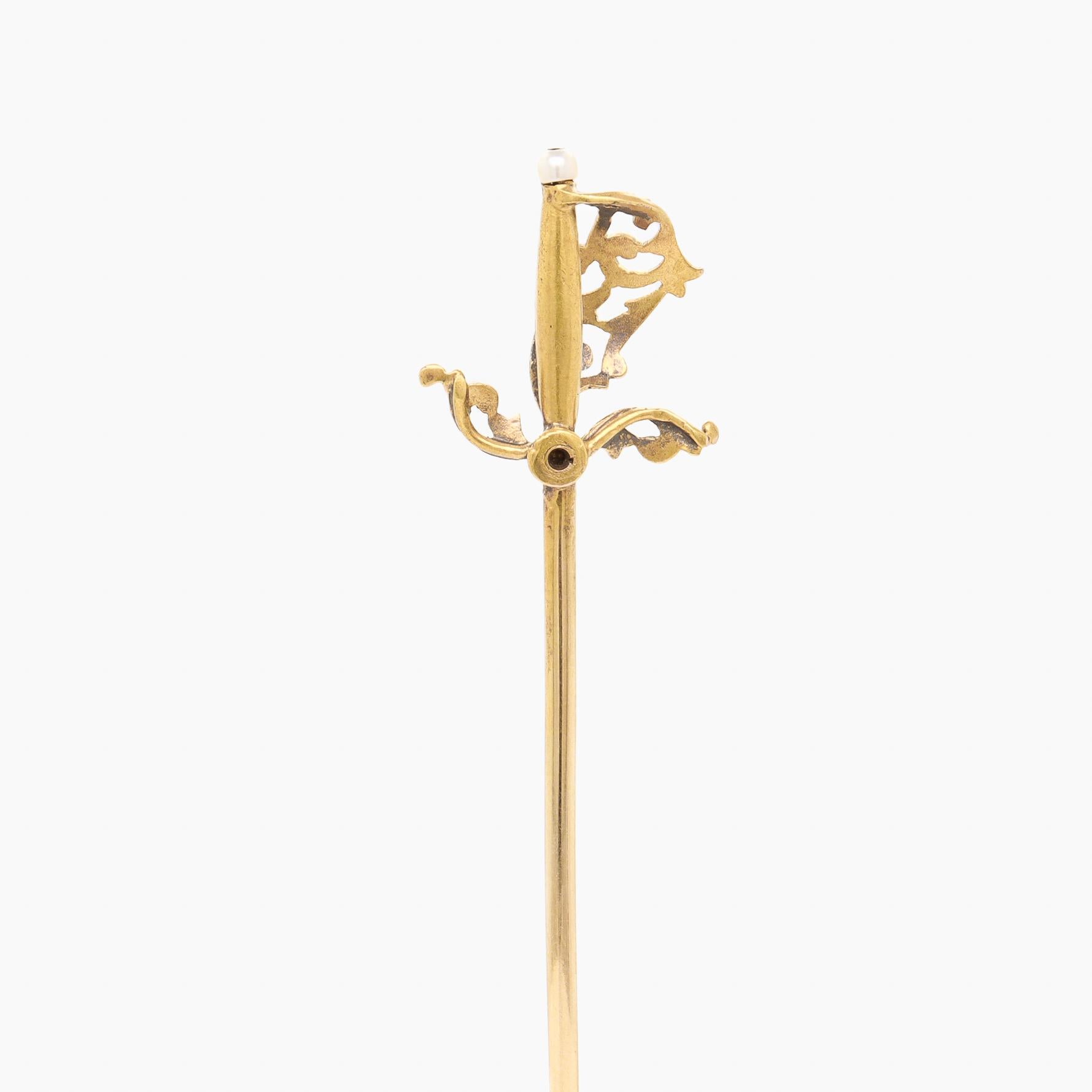 Women's or Men's Vintage 14K Gold, Pearl, & Enamel Figural Rapier or Dueling Sword Stickpin For Sale