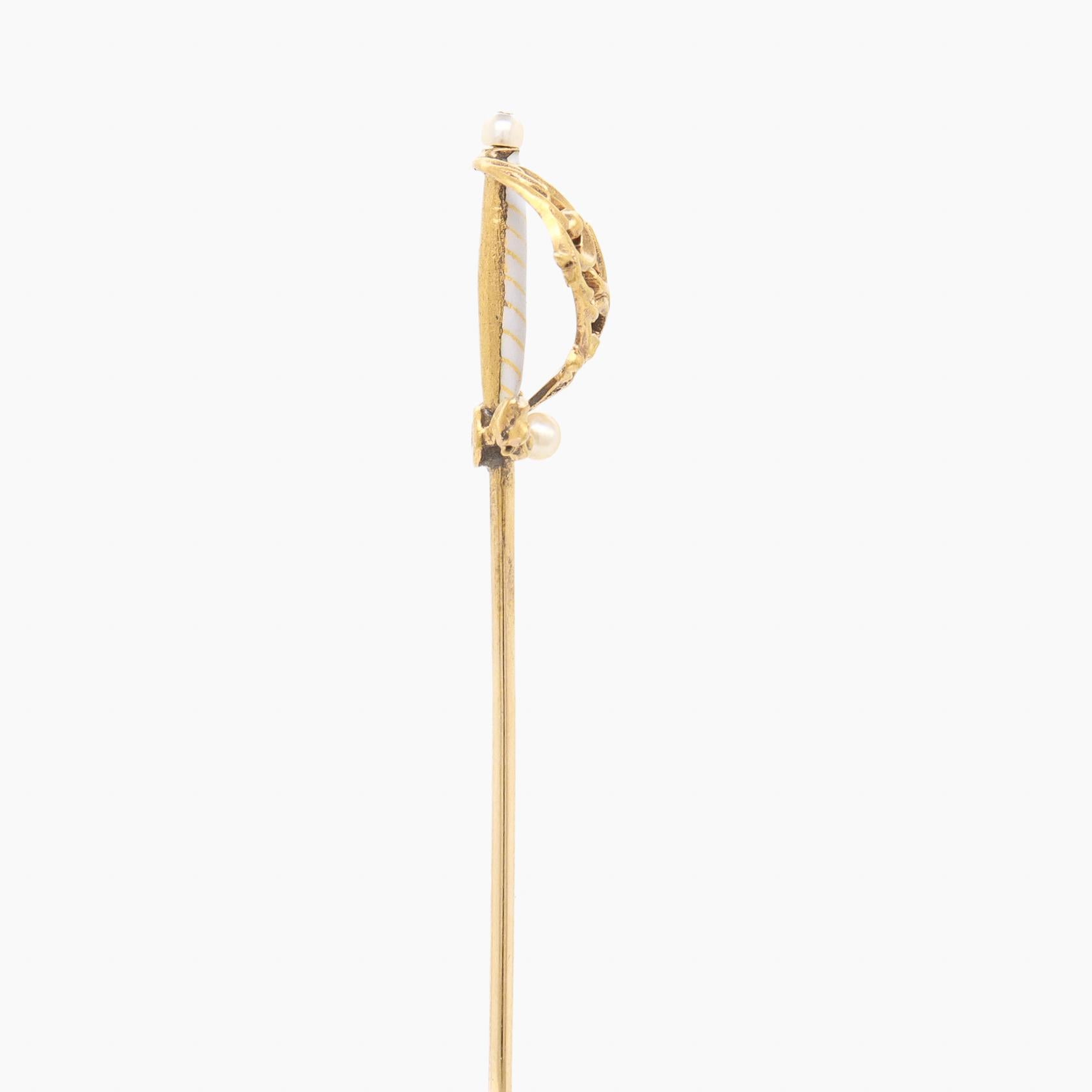 Vintage 14K Gold, Pearl, & Enamel Figural Rapier or Dueling Sword Stickpin For Sale 1