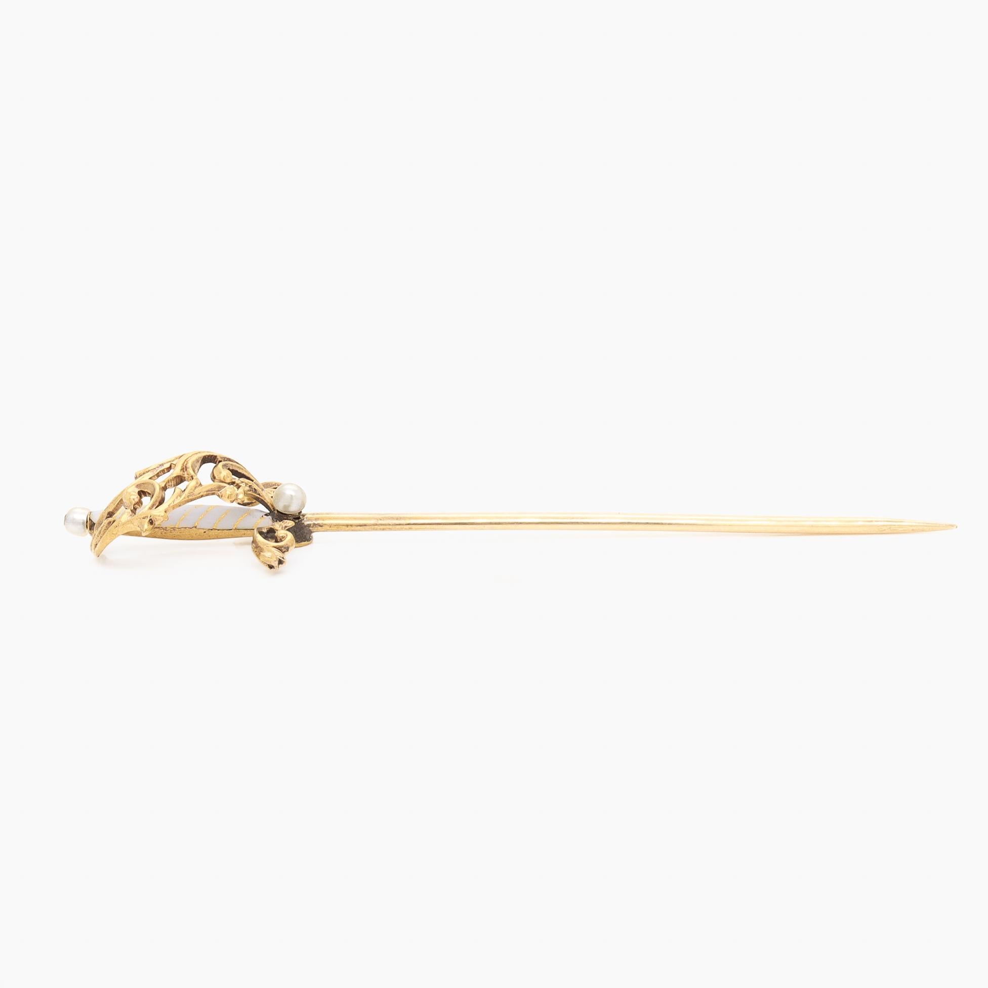 Vintage 14K Gold, Pearl, & Enamel Figural Rapier or Dueling Sword Stickpin For Sale 2