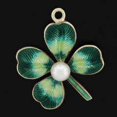 Vintage 14k Gold Pearl Green Enamel Work 4 Leaf Clover Lucky Charm Pendant