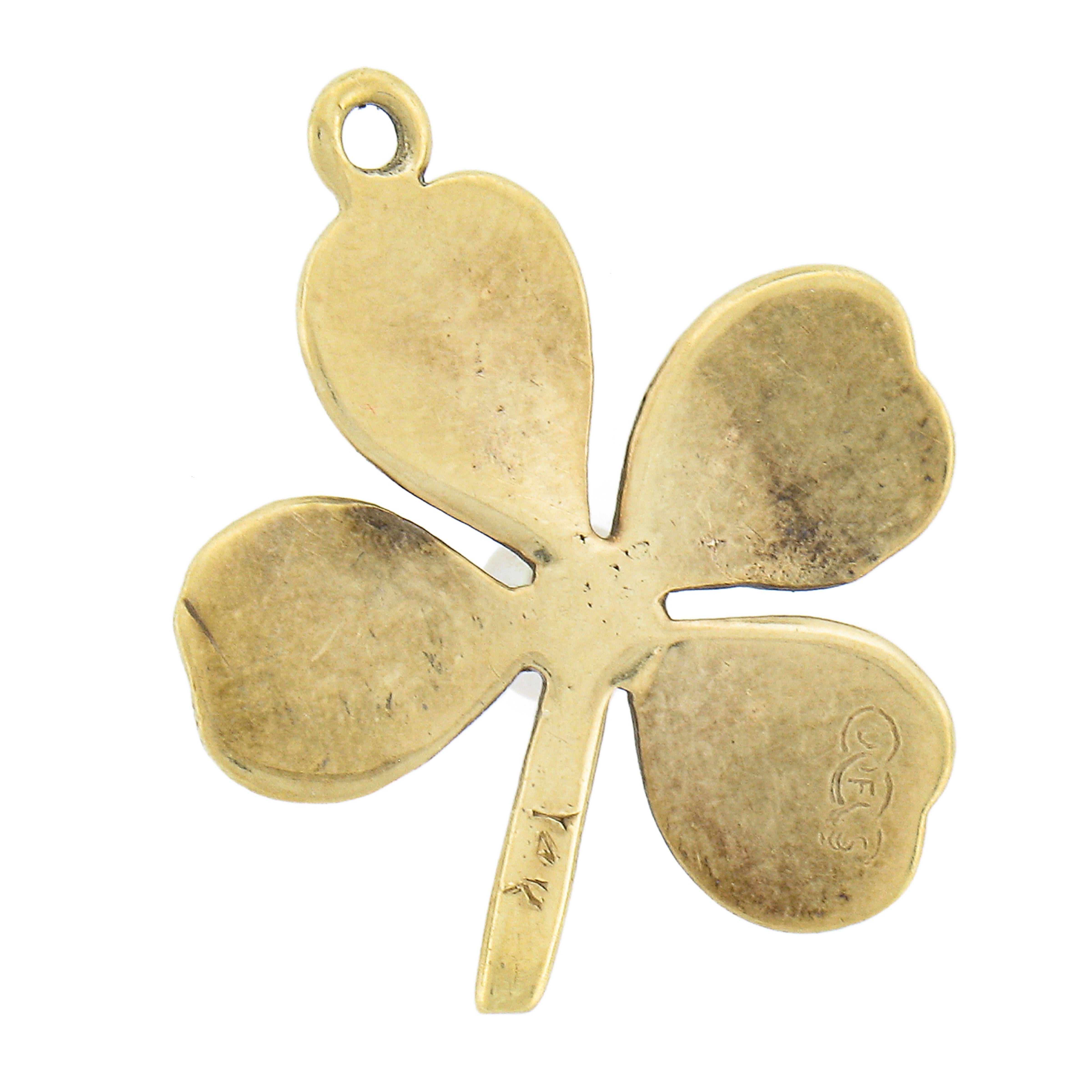 Round Cut Vintage 14k Gold Pearl Green Enamel Work 4 Leaf Clover Lucky Charm Pendant