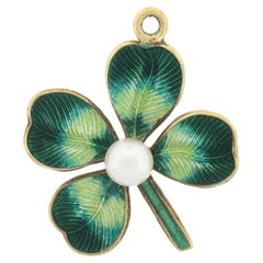 Vintage 14k Gold Pearl Green Enamel Work 4 Leaf Clover Lucky Charm Pendant