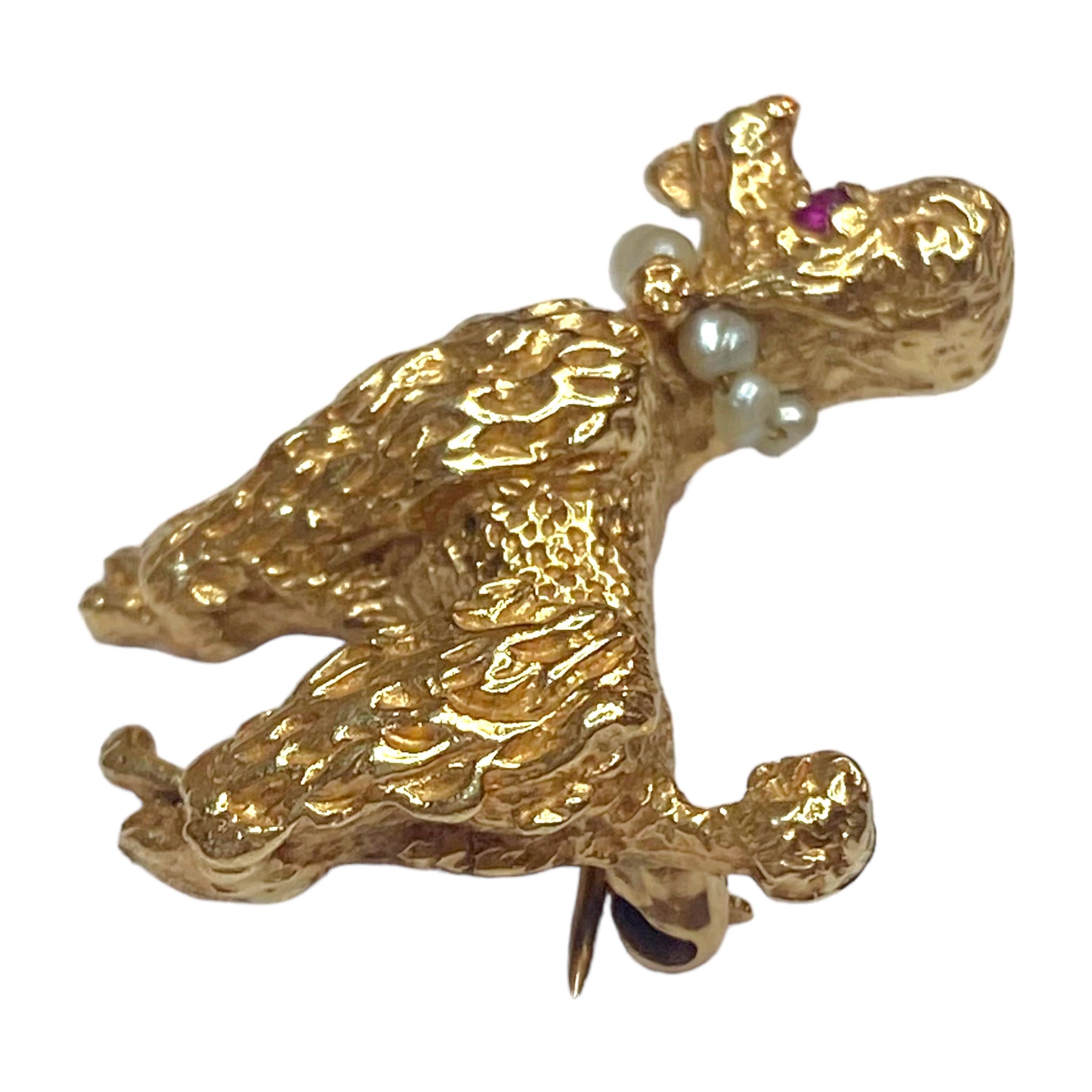 Round Cut Vintage 14K Gold & Pearl Poodle Brooch