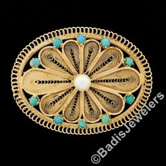 Vintage 14k Gold Pearl & Turquoise Twisted Wire Filigree Brooch Pin or Pendant