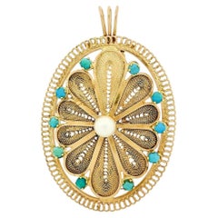 Vintage 14k Gold Pearl & Turquoise Twisted Wire Filigree Brooch Pin or Pendant