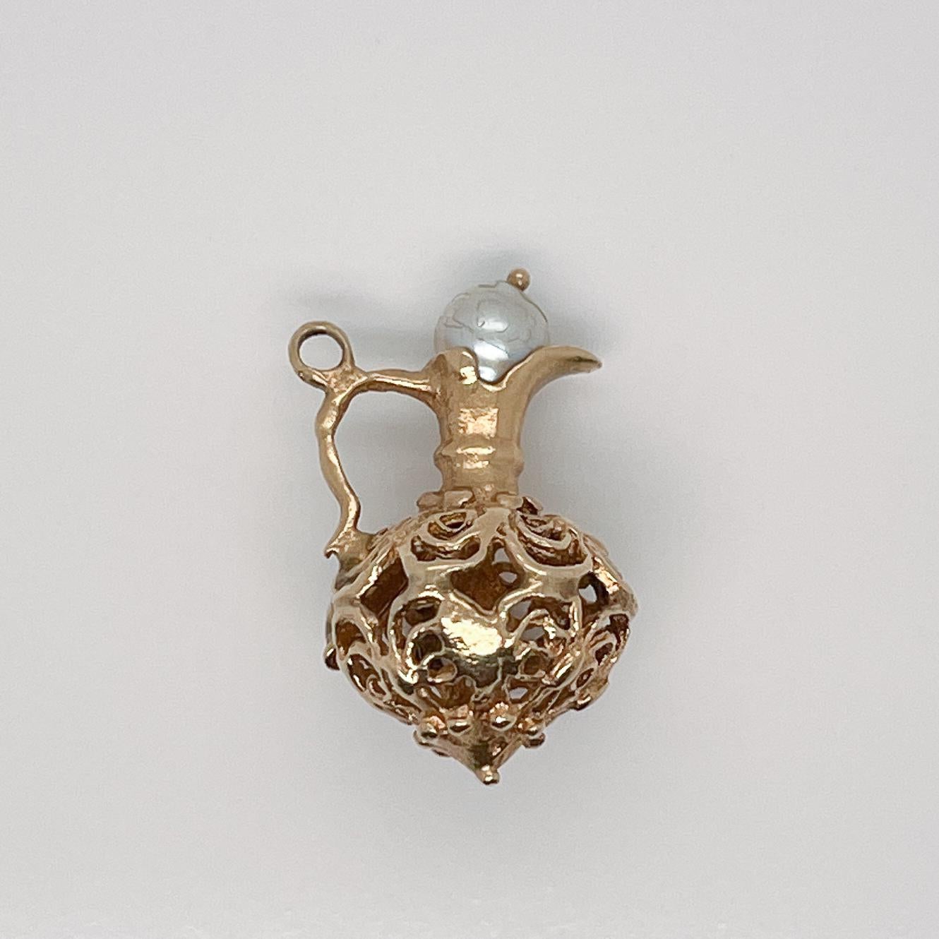 Vintage 14k Gold Pitcher or Wine Ewer with a Pearl Lid Charm for a Bracelet For Sale 3