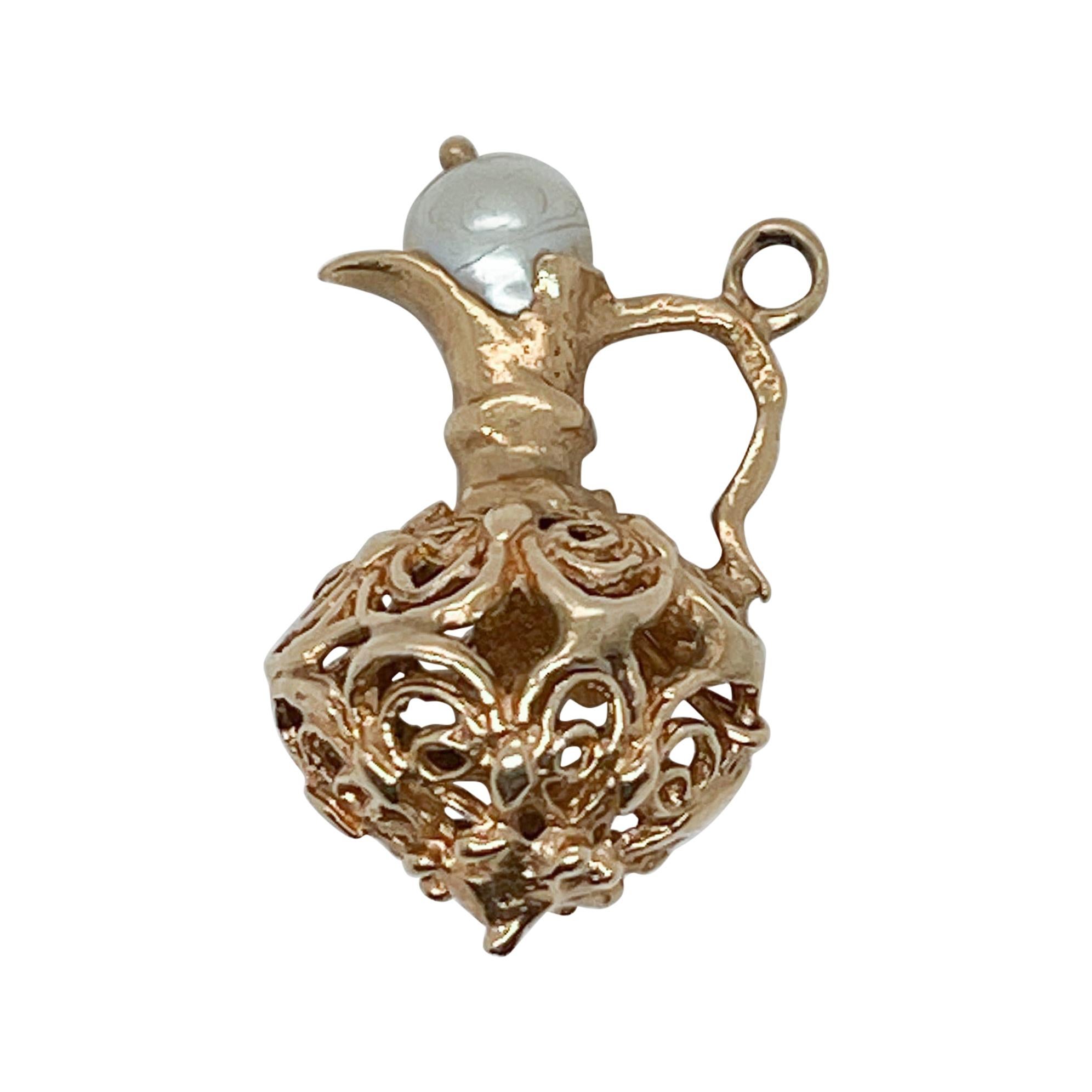 Vintage 14k Gold Pitcher or Wine Ewer with a Pearl Lid Charm for a Bracelet For Sale