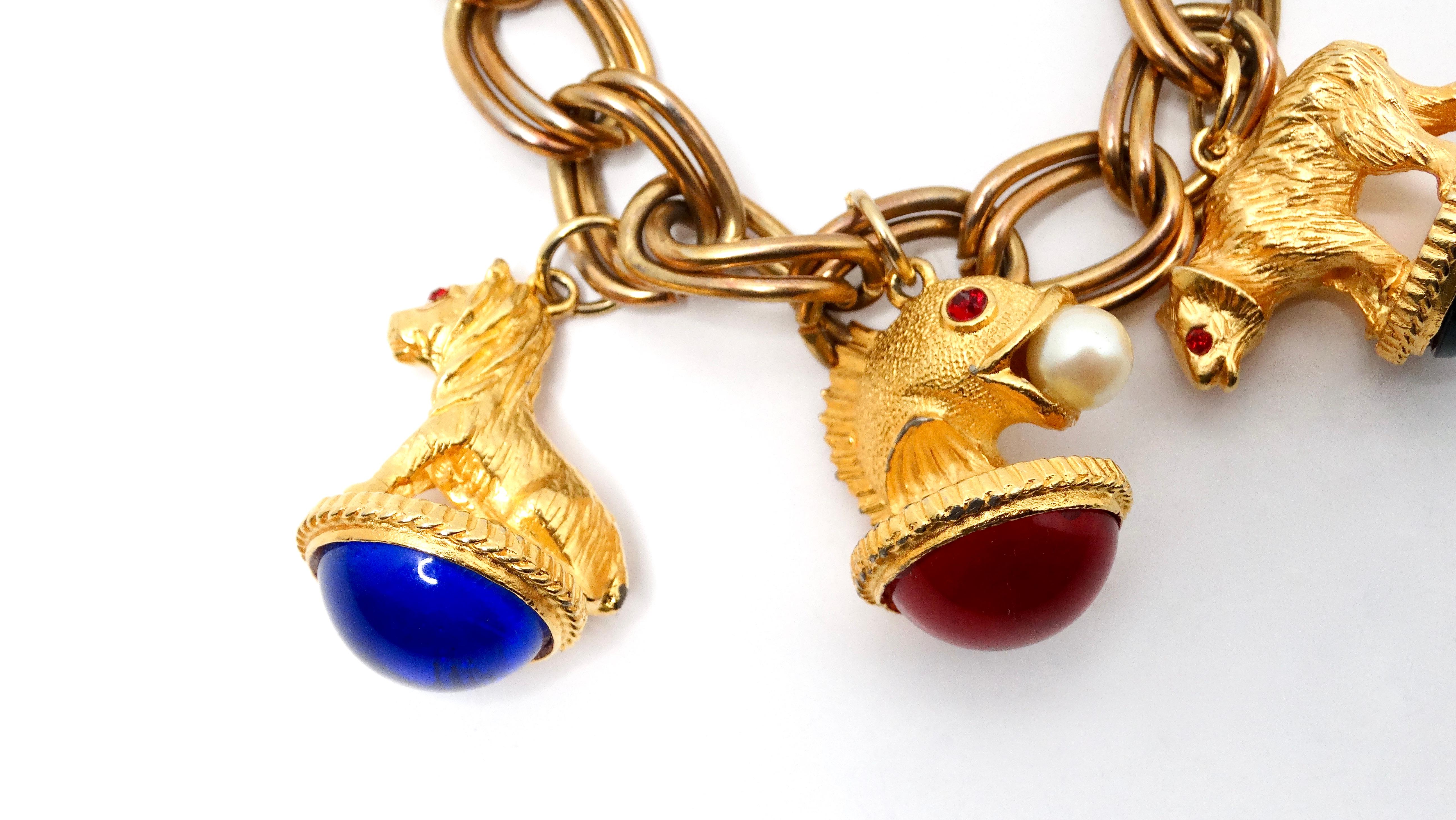 Vintage 14k Gold Plated Jewel-Tone Animal Motif Charm Bracelet In Good Condition For Sale In Scottsdale, AZ