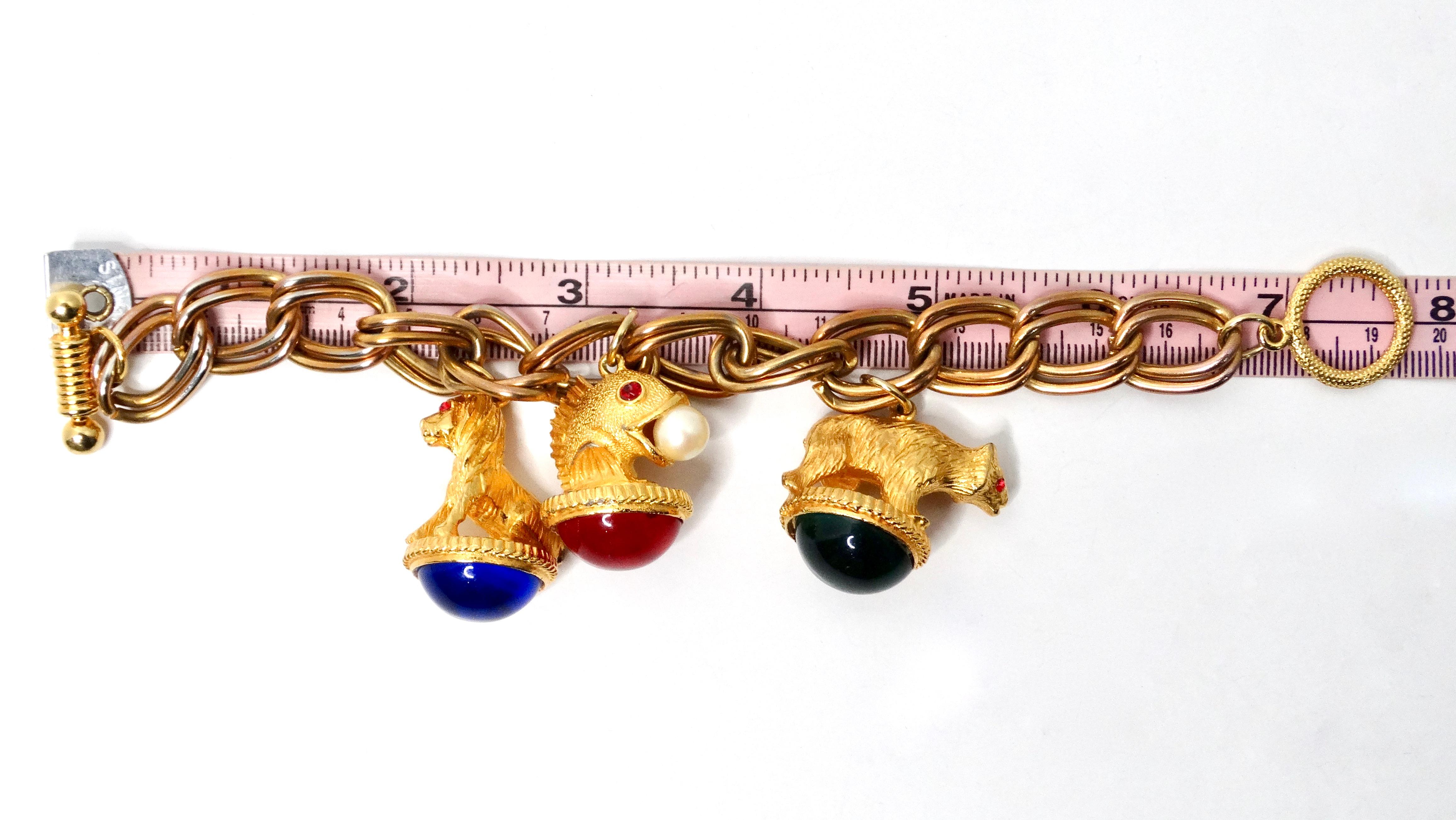 Vintage 14k Gold Plated Jewel-Tone Animal Motif Charm Bracelet For Sale 1