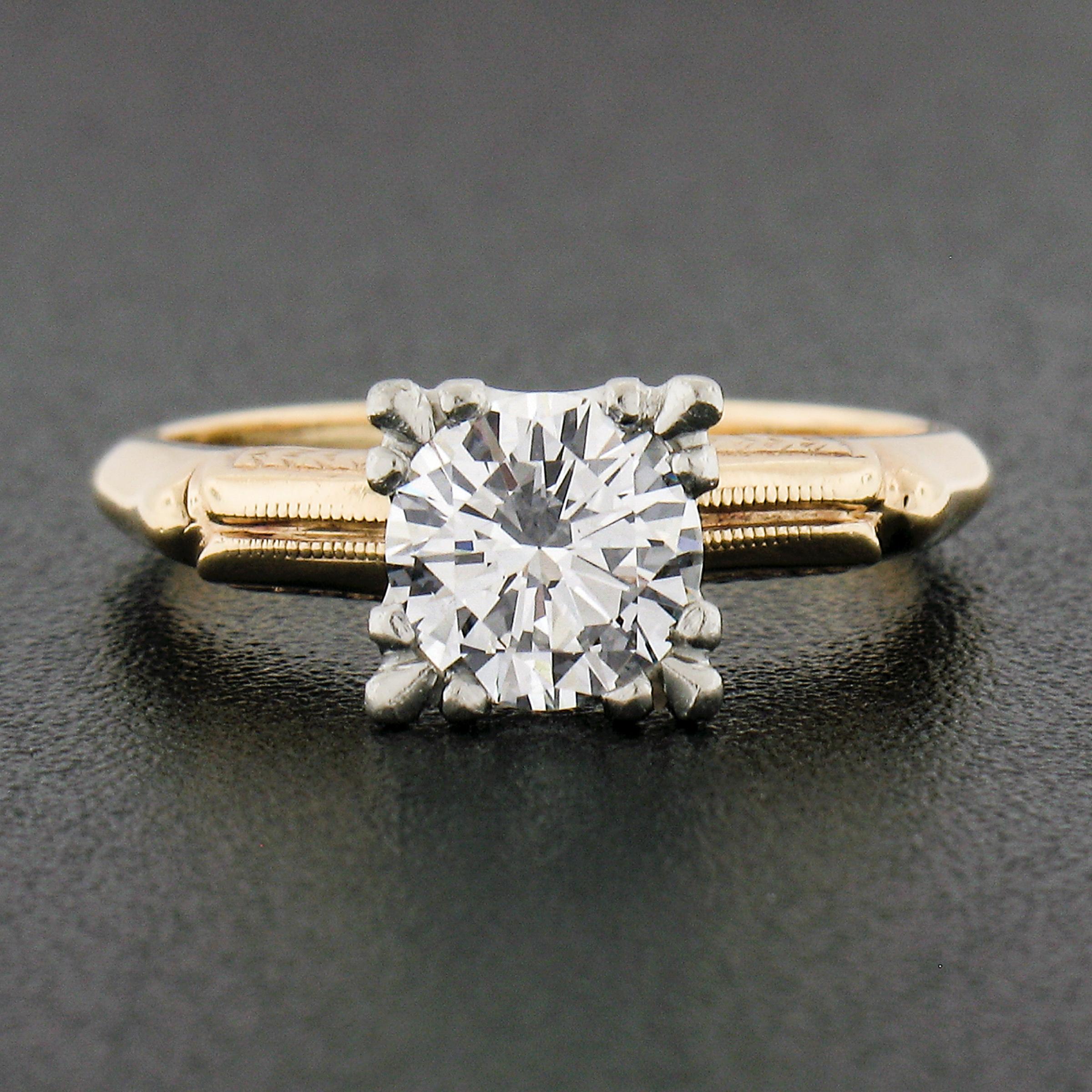 Round Cut Vintage 14k Gold & Platinum 0.82ct G VS Diamond Solitaire Wheat Engagement Ring For Sale