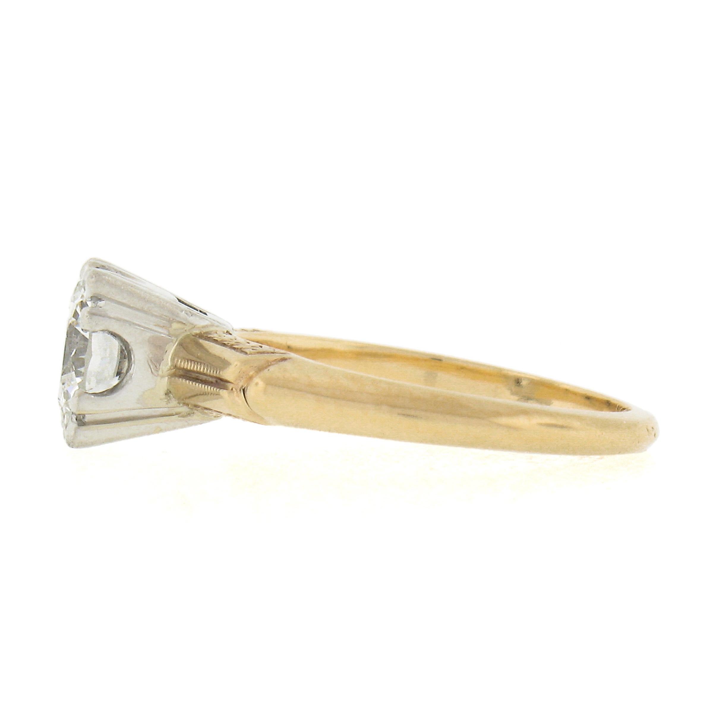 Anello di fidanzamento vintage in oro 14k e platino con diamanti solitari da 0,82 carati G VS in vendita 1