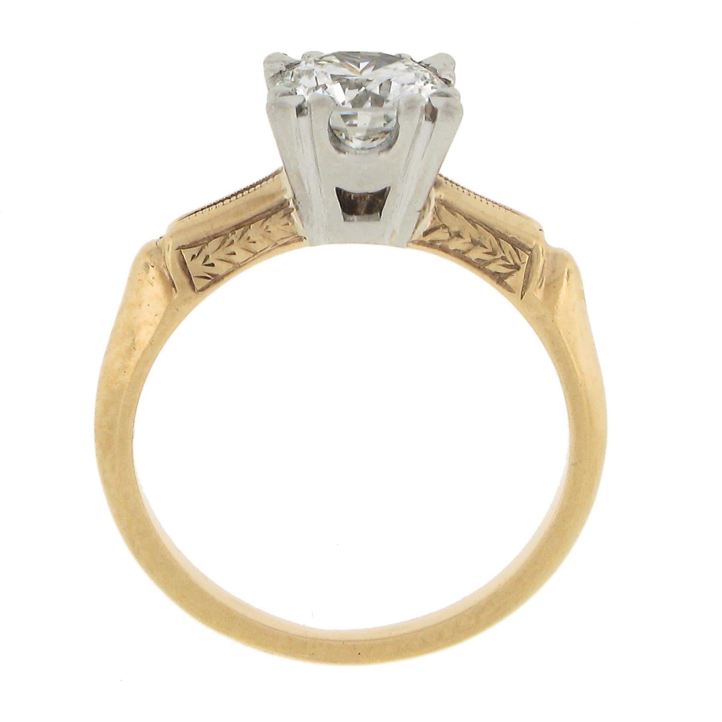 Vintage 14k Gold & Platinum 0.82ct G VS Diamond Solitaire Wheat Engagement Ring For Sale 2