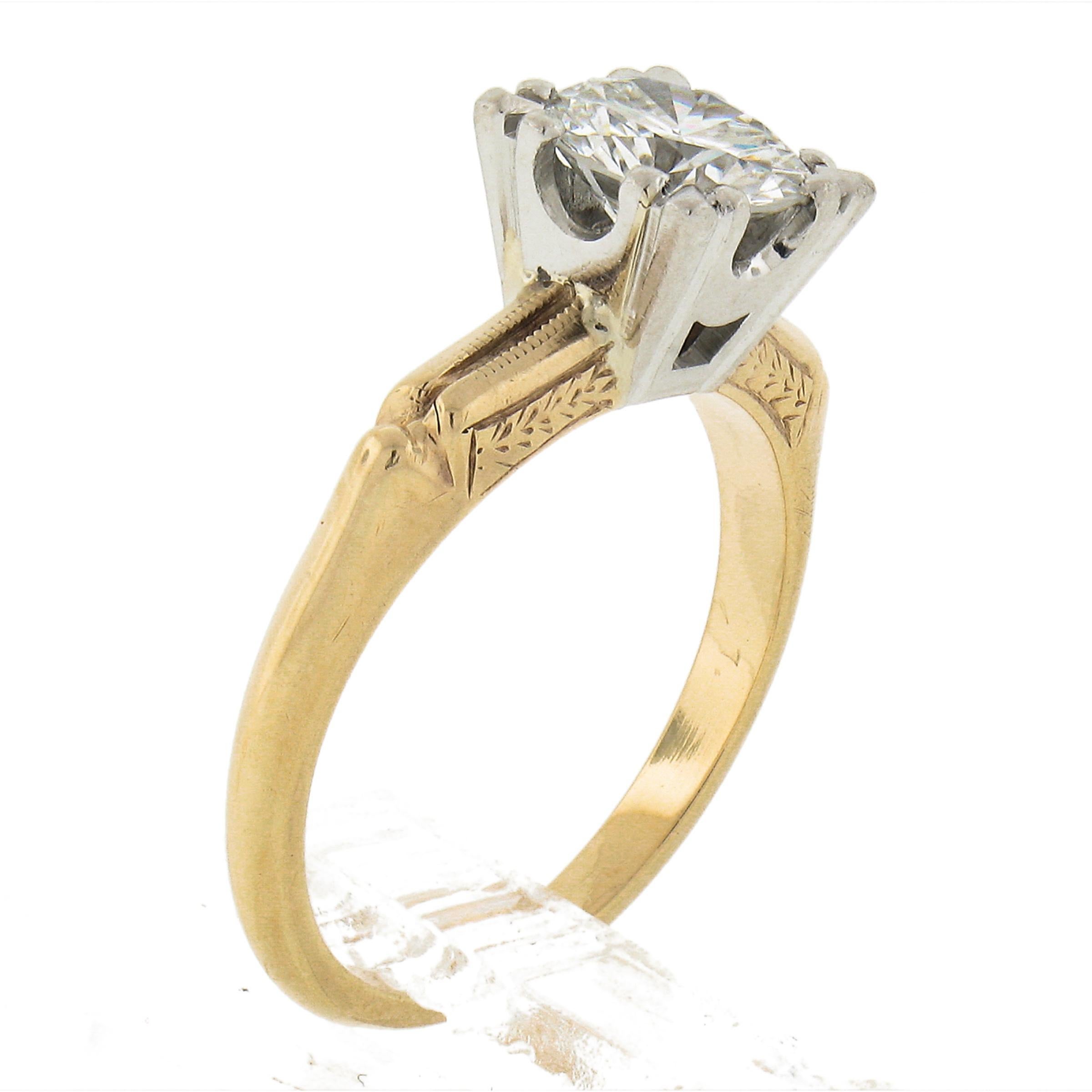Vintage 14k Gold & Platinum 0.82ct G VS Diamond Solitaire Wheat Engagement Ring For Sale 3