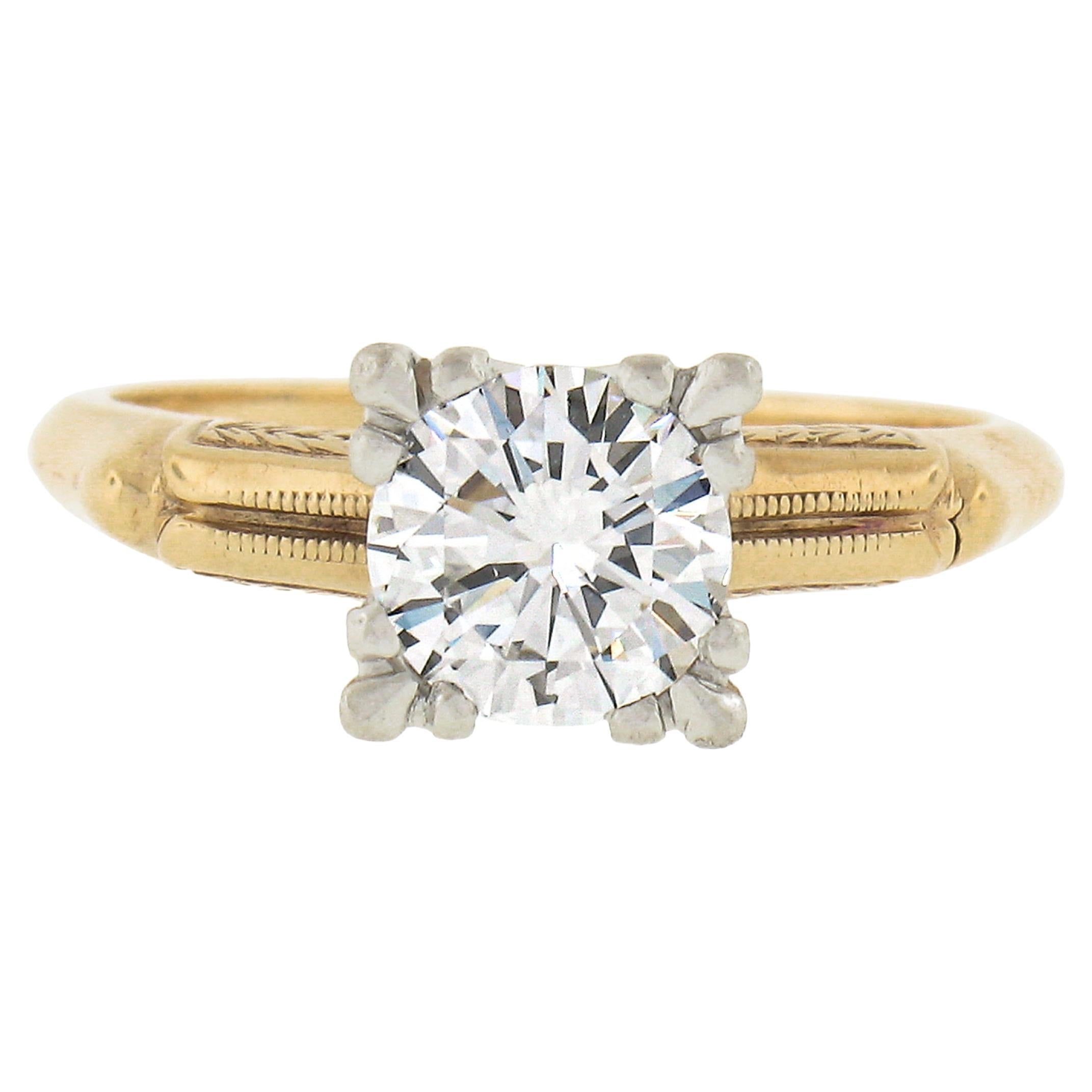 Vintage 14k Gold & Platinum 0.82ct G VS Diamond Solitaire Wheat Engagement Ring For Sale