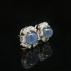 Vintage 14k Gold Platinum 13.55ctw GIA Sharp Blue Star Sapphire Diamond Earrings