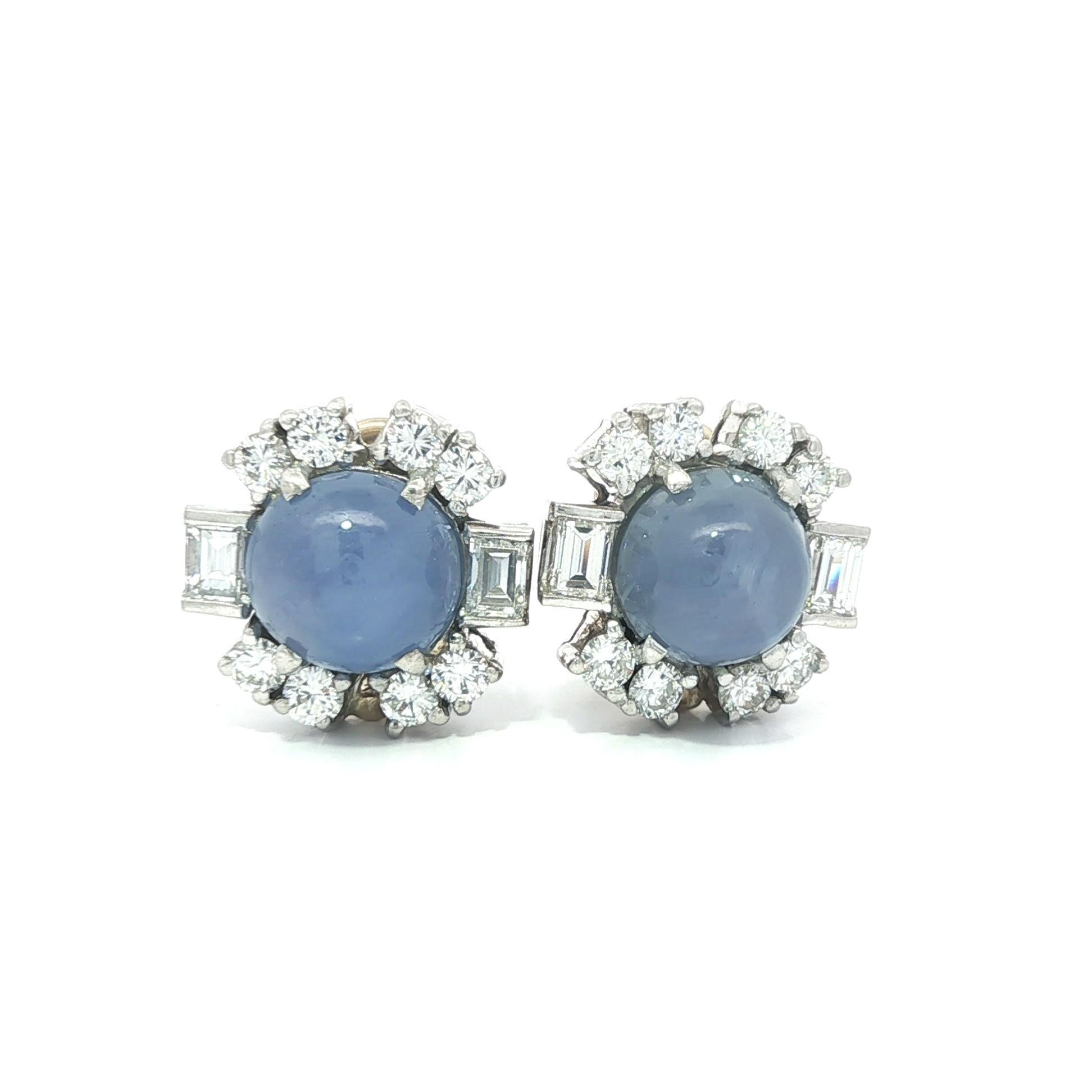 Vintage 14k Gold Platinum 13.55ctw GIA Sharp Blue Star Sapphire Diamond Earrings For Sale