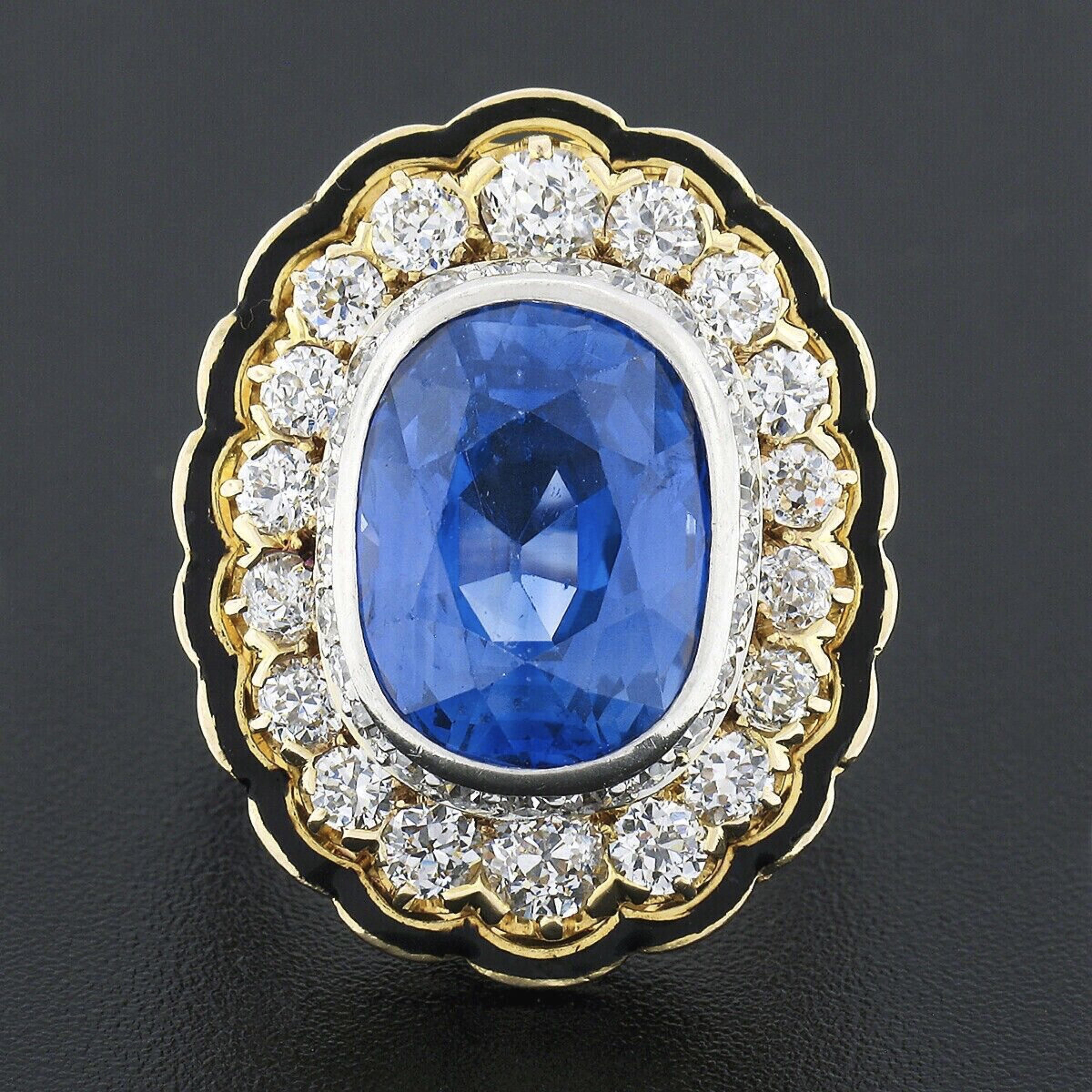 This truly magnificent and stunning vintage cocktail ring is crafted in solid 14k yellow gold and features a breathtaking, AGL certified, natural sapphire stone neatly bezel set in platinum at the center of a true Victorian revival design. This very