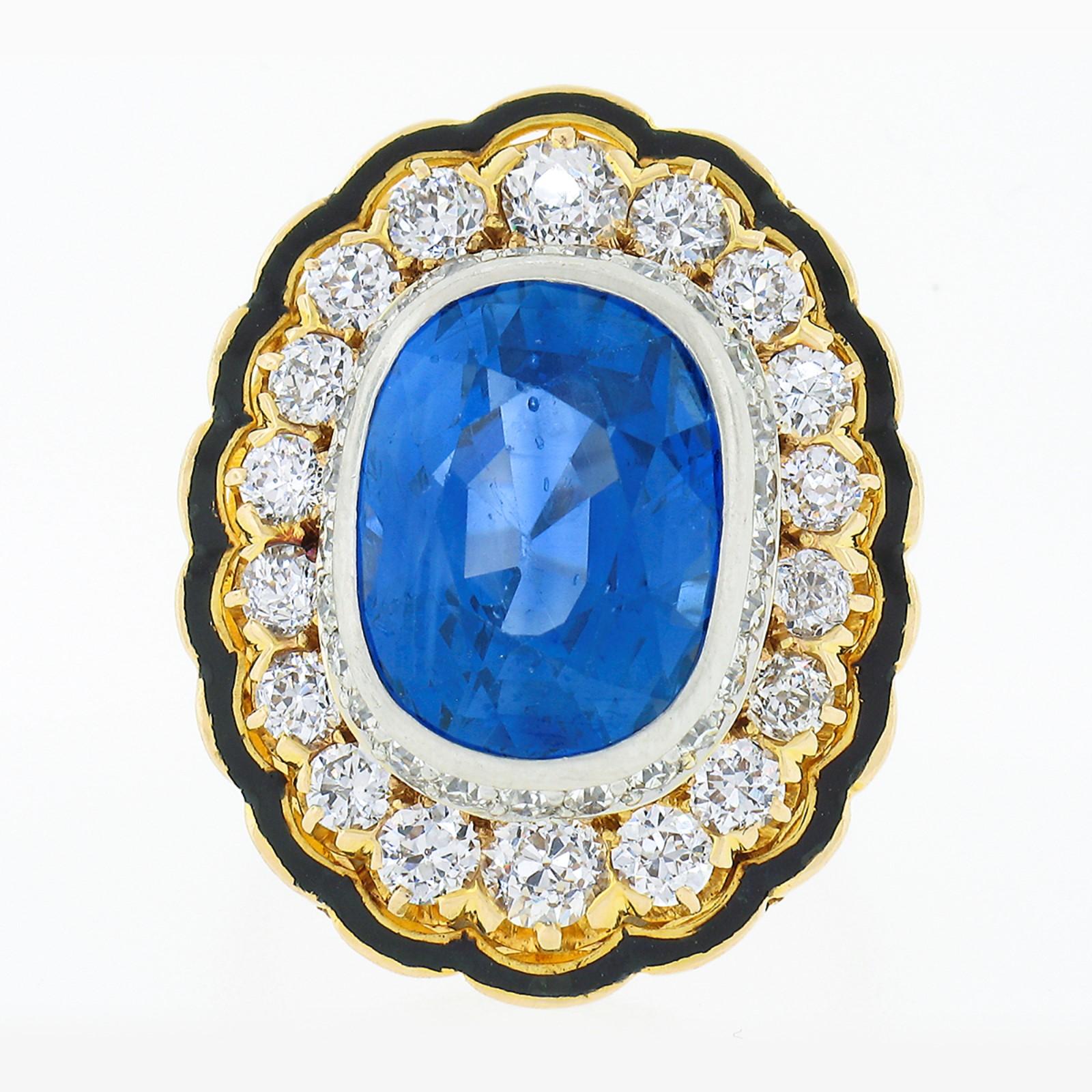 Retro Vintage 14k Gold Platinum AGL Bezel Sapphire Diamond Black Enamel 11.90ctw Ring