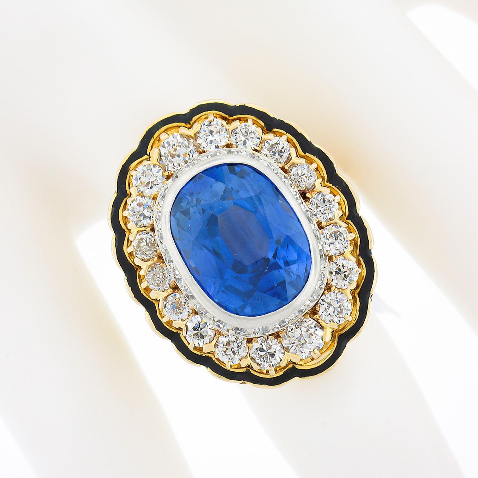 Oval Cut Vintage 14k Gold Platinum AGL Bezel Sapphire Diamond Black Enamel 11.90ctw Ring