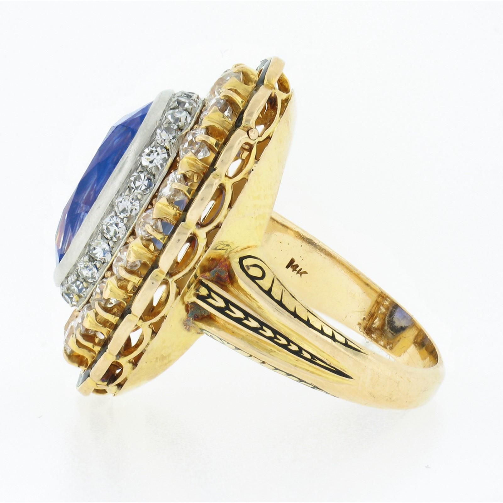 Vintage 14k Gold Platinum AGL Bezel Sapphire Diamond Black Enamel 11.90ctw Ring In Good Condition In Montclair, NJ