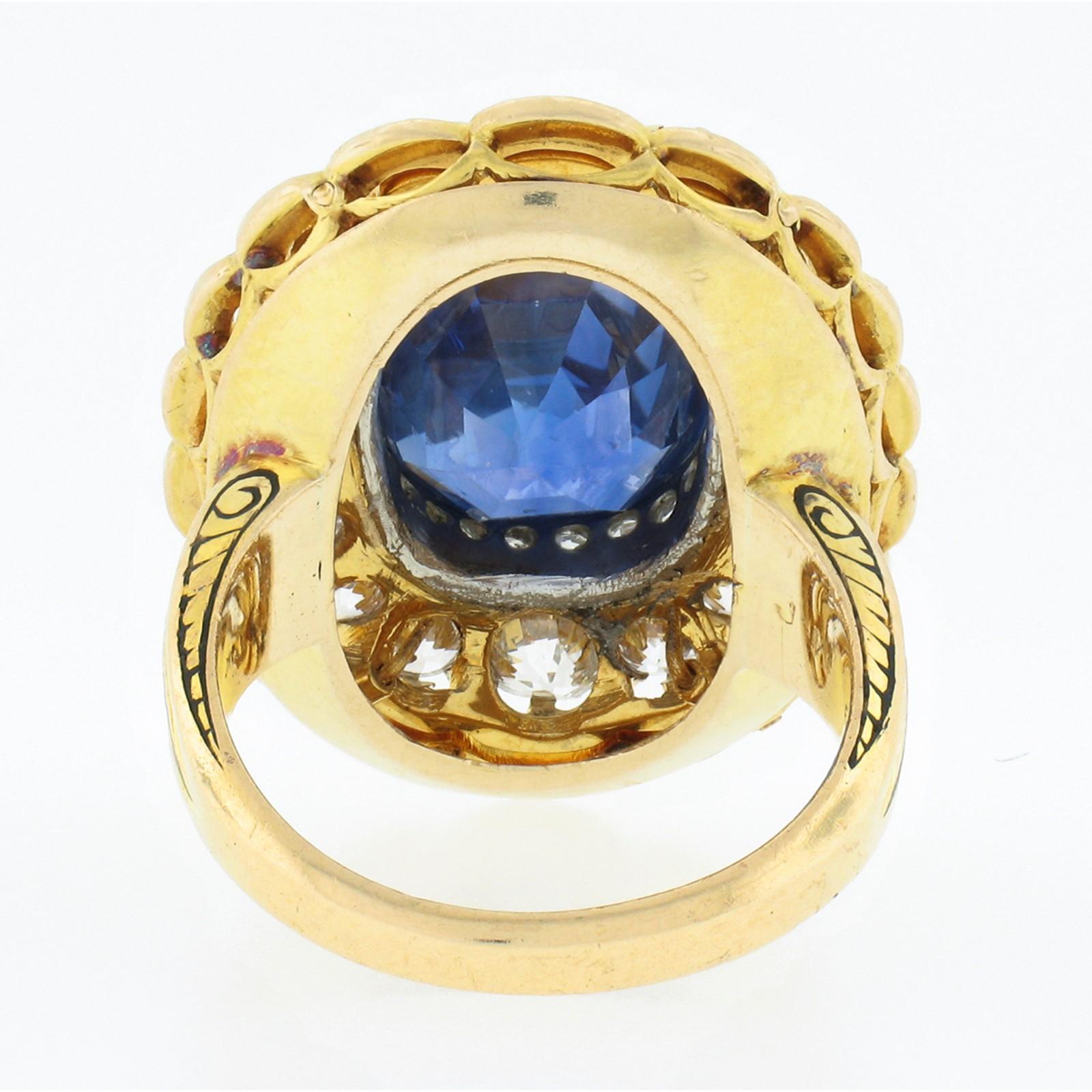 Women's Vintage 14k Gold Platinum AGL Bezel Sapphire Diamond Black Enamel 11.90ctw Ring