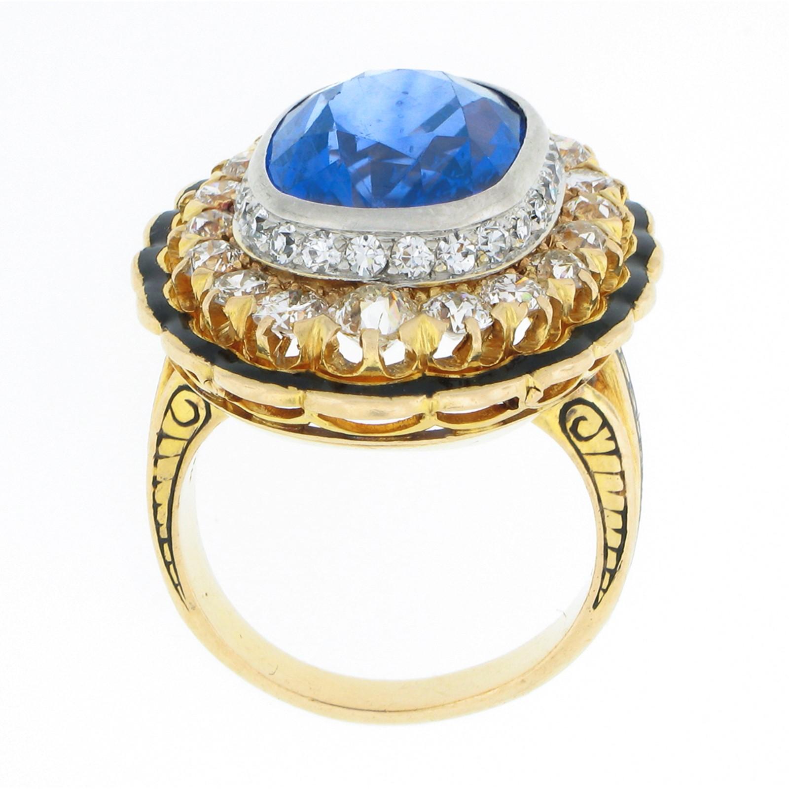 Vintage 14k Gold Platinum AGL Bezel Sapphire Diamond Black Enamel 11.90ctw Ring 1