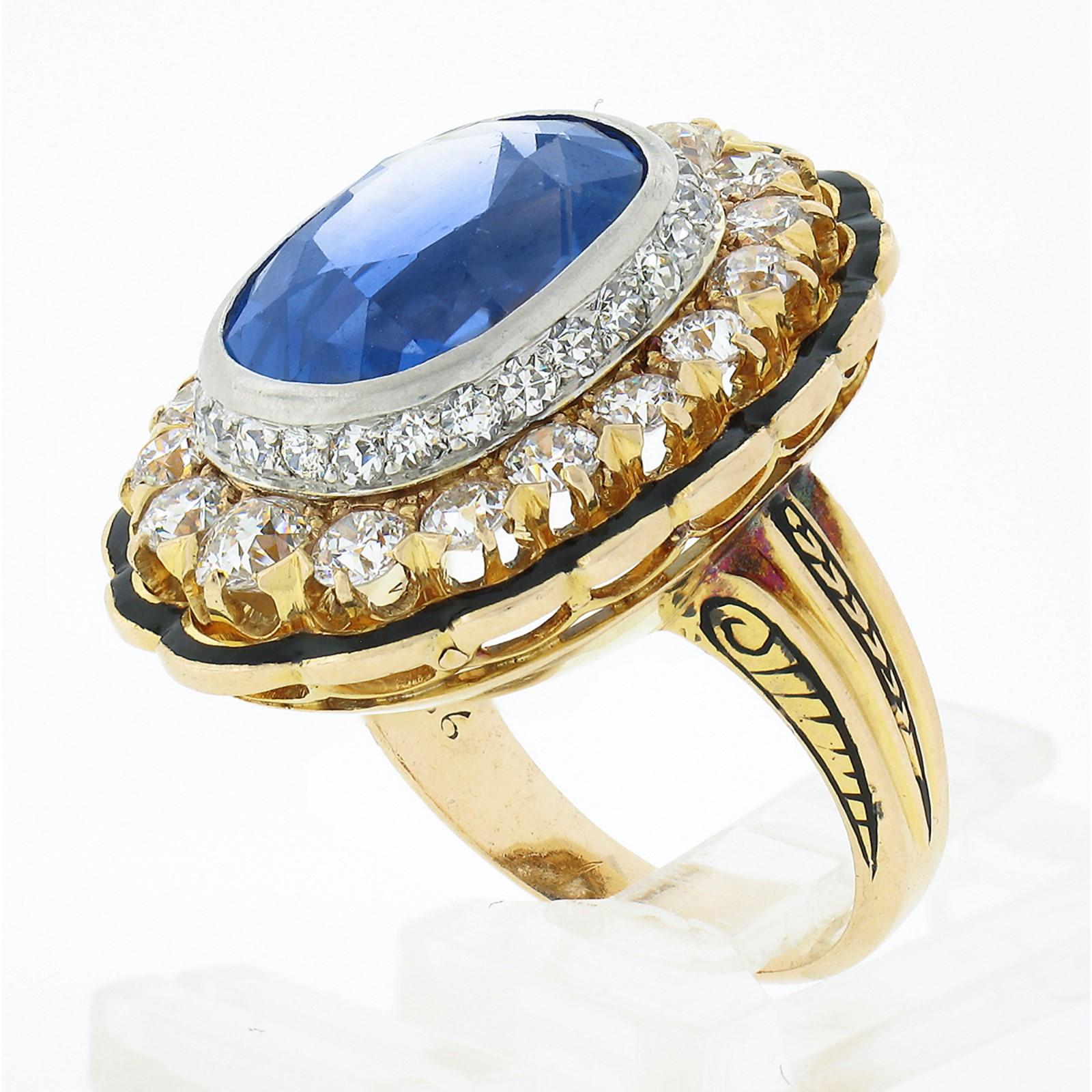 Vintage 14k Gold Platinum AGL Bezel Sapphire Diamond Black Enamel 11.90ctw Ring 2