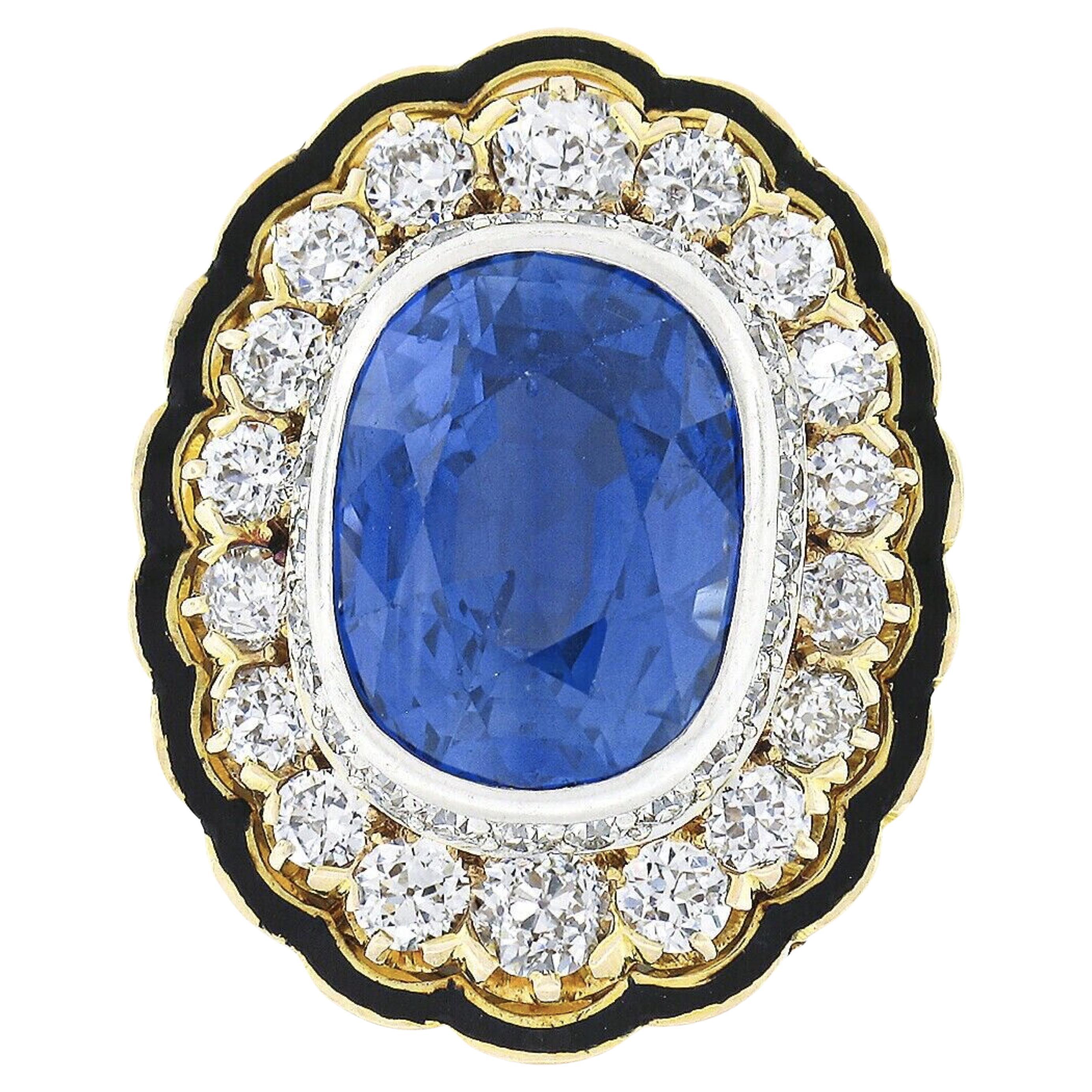 Vintage 14k Gold Platinum AGL Bezel Sapphire Diamond Black Enamel 11.90ctw Ring For Sale
