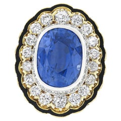 Vintage 14k Gold Platinum AGL Bezel Sapphire Diamond Black Enamel 11.90ctw Ring
