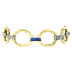 Vintage 14k Gold Platinum Alternating Sapphire & Diamond Oval Open Link Bracelet