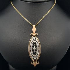Vintage 14k Gold & Platinum Black Stone w/ Diamond Elongated Pendant Necklace