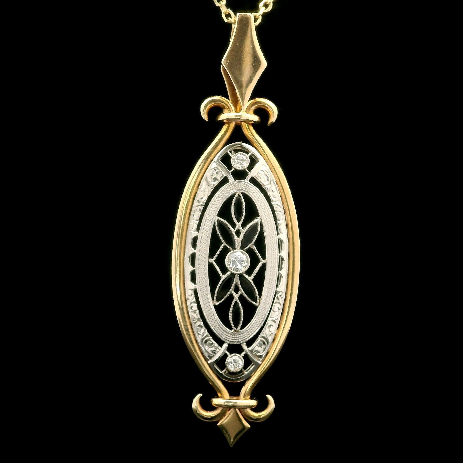 Old European Cut Vintage 14k Gold & Platinum Black Stone w/ Diamond Elongated Pendant Necklace For Sale