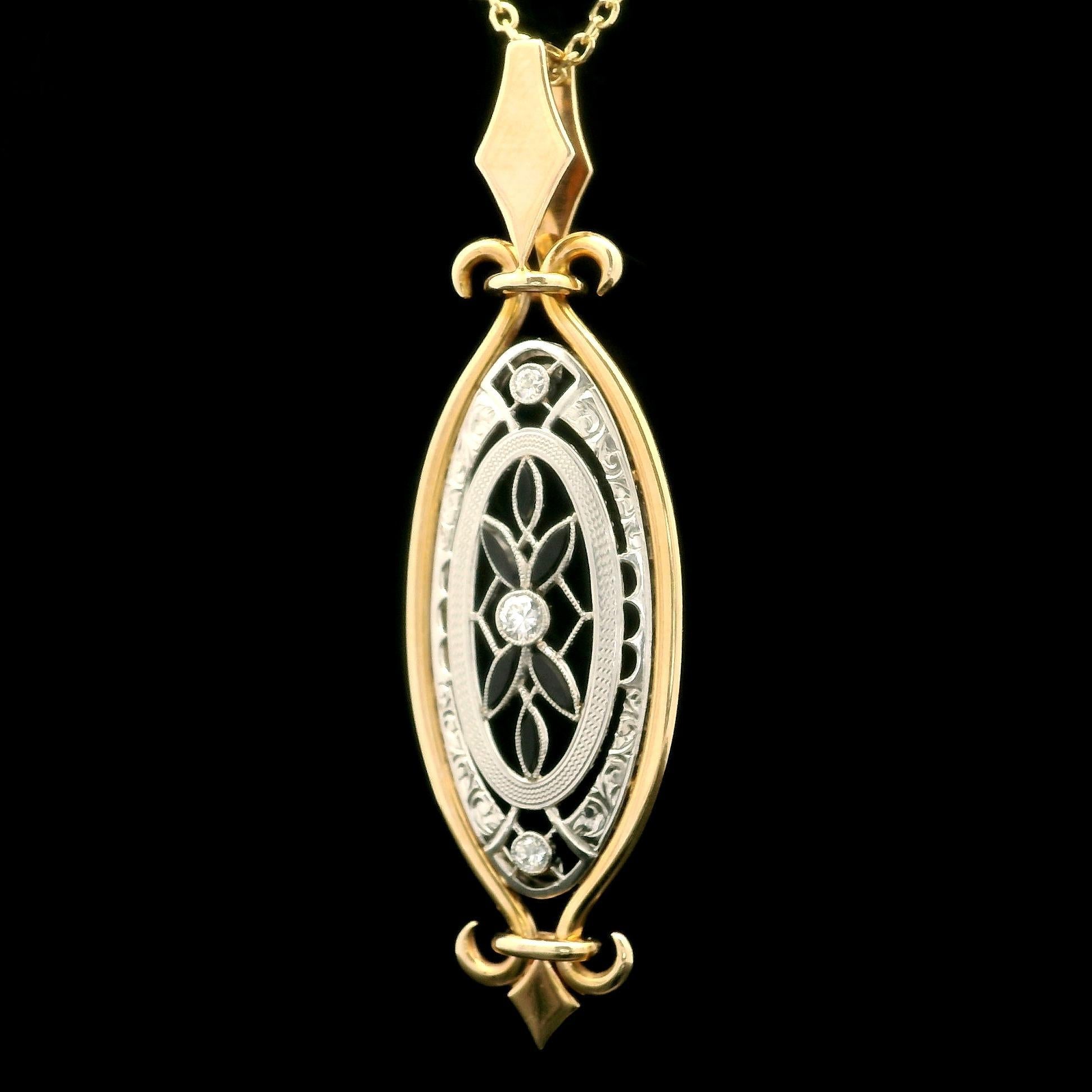 Women's Vintage 14k Gold & Platinum Black Stone w/ Diamond Elongated Pendant Necklace For Sale