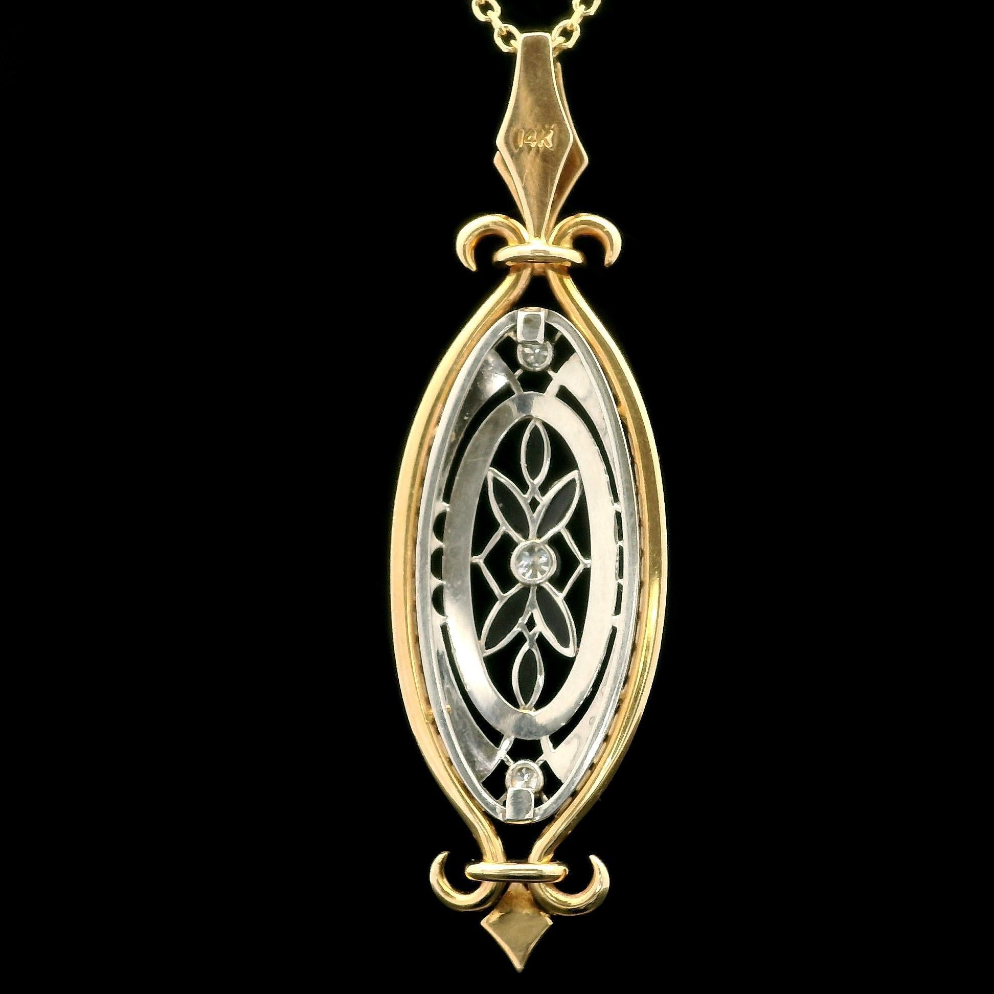Vintage 14k Gold & Platinum Black Stone w/ Diamond Elongated Pendant Necklace For Sale 1