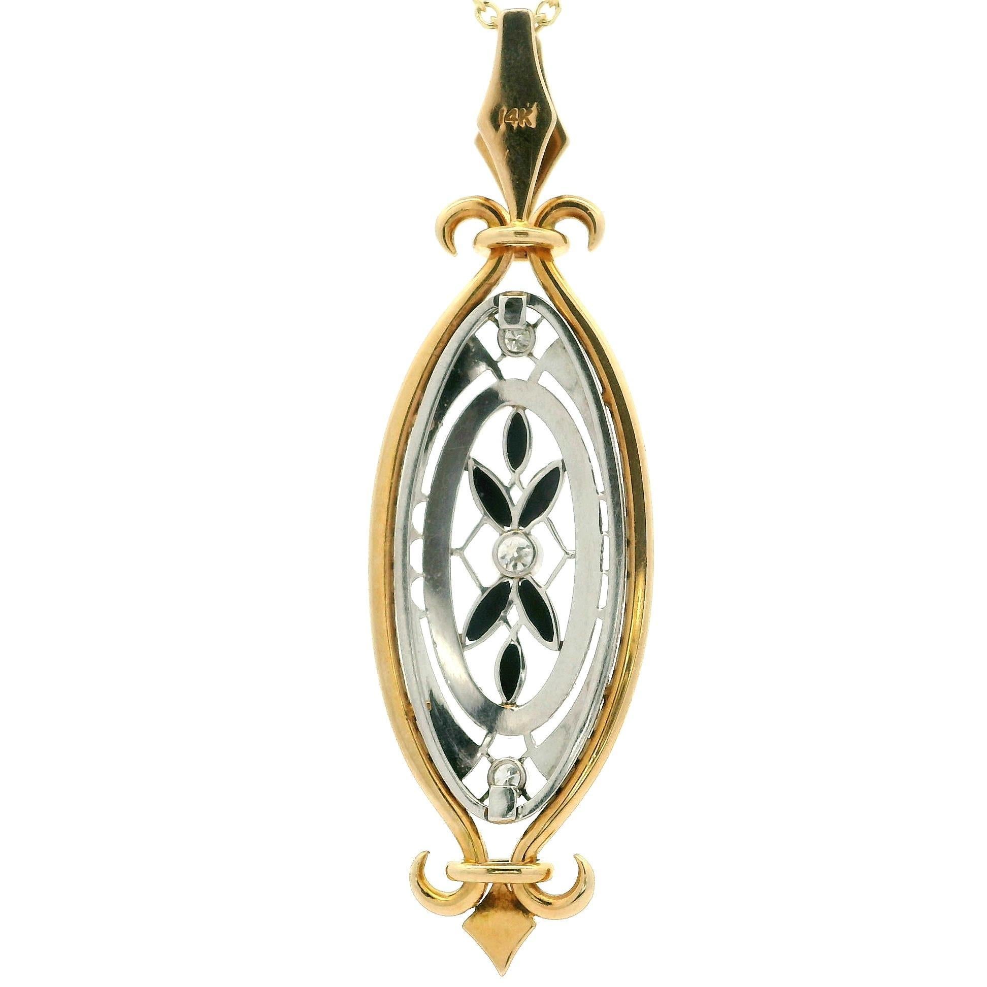 Vintage 14k Gold & Platinum Black Stone w/ Diamond Elongated Pendant Necklace For Sale 2
