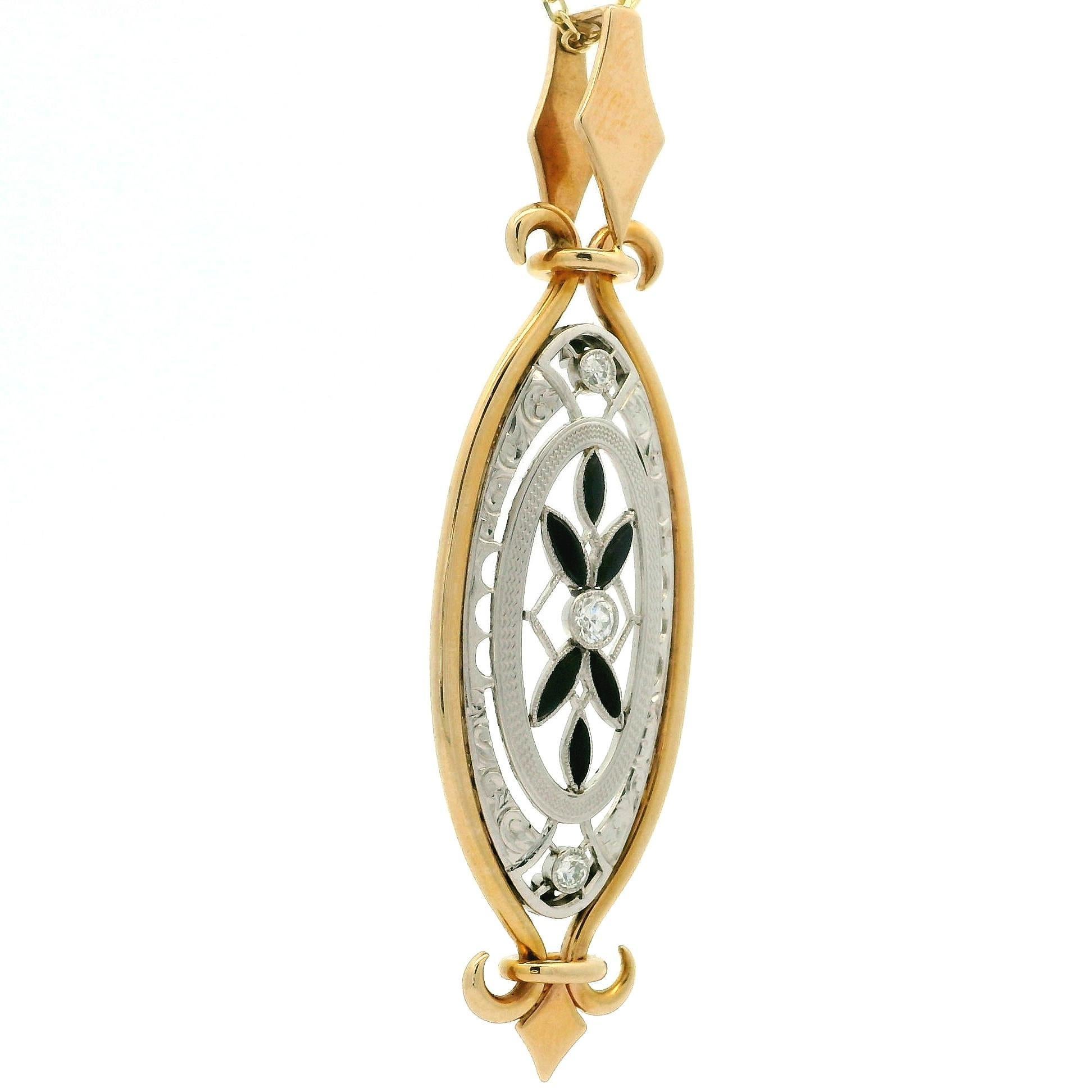 Vintage 14k Gold & Platinum Black Stone w/ Diamond Elongated Pendant Necklace For Sale 3