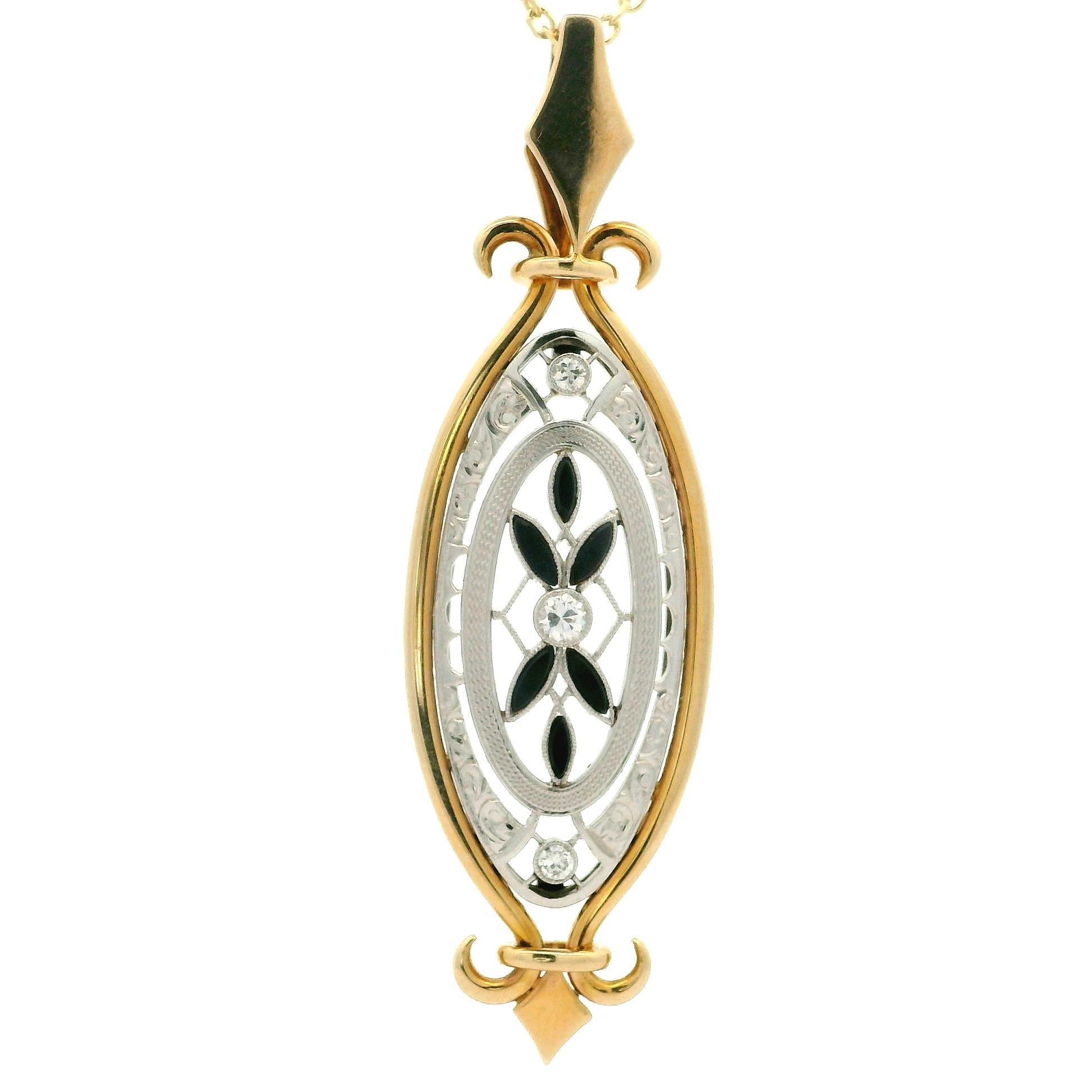 Vintage 14k Gold & Platinum Black Stone w/ Diamond Elongated Pendant Necklace For Sale 4
