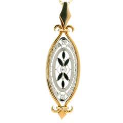 Collar Colgante Alargado Vintage Oro 14k y Platino Piedra Negra con Diamante